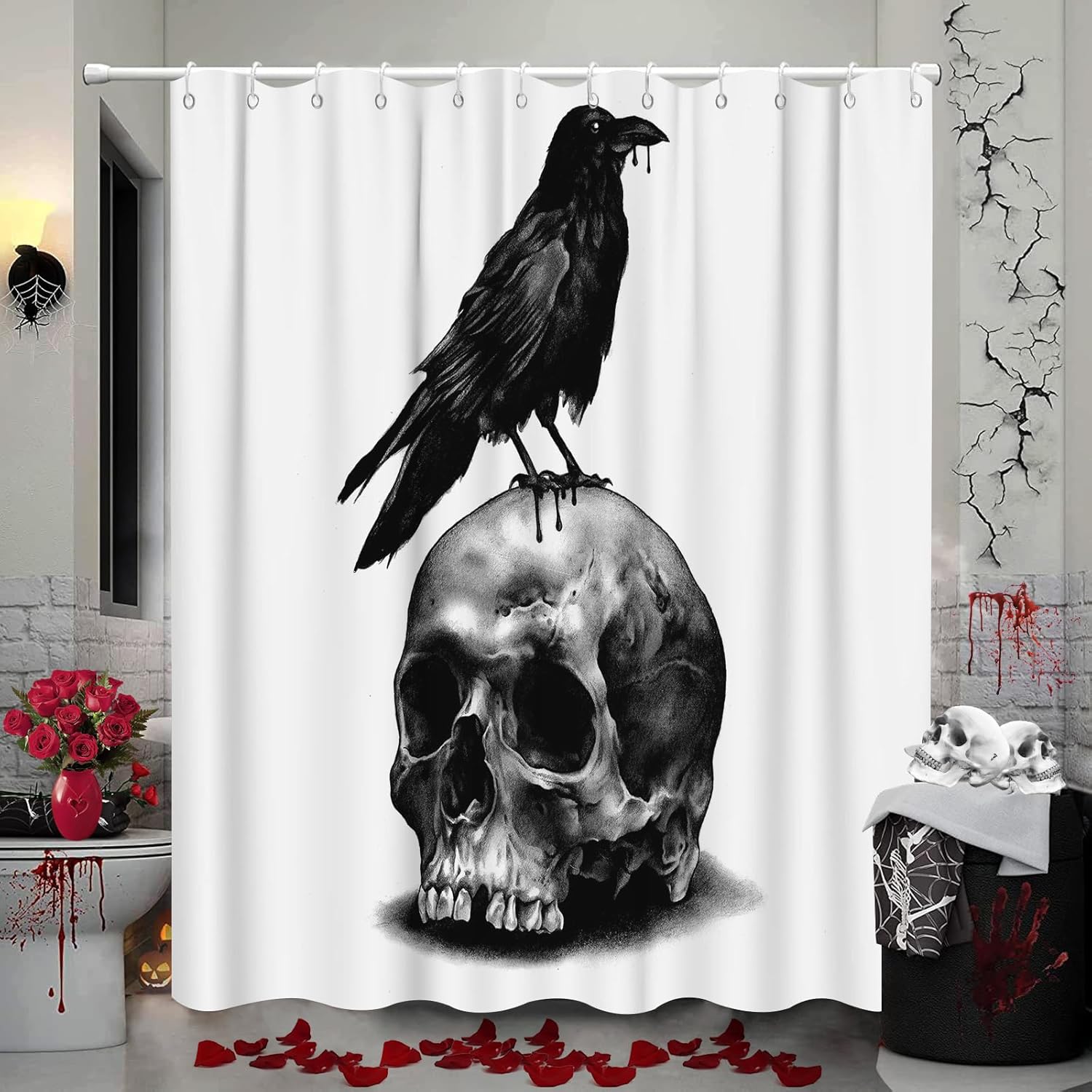 JOOCAR Cortina de ducha de calavera de Halloween, diseño de esqueleto aterrador de terror, decoración de baño de Halloween, juego de cortina de
