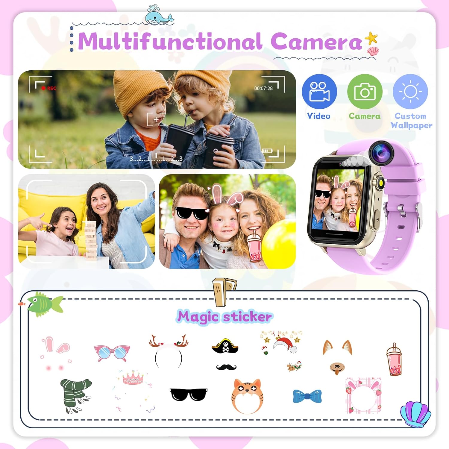 Reloj inteligente para niños, reloj inteligente para niñas y niños de 4 a 12 años con reproductor de música, pantalla táctil HD, 23 juegos, cámara,