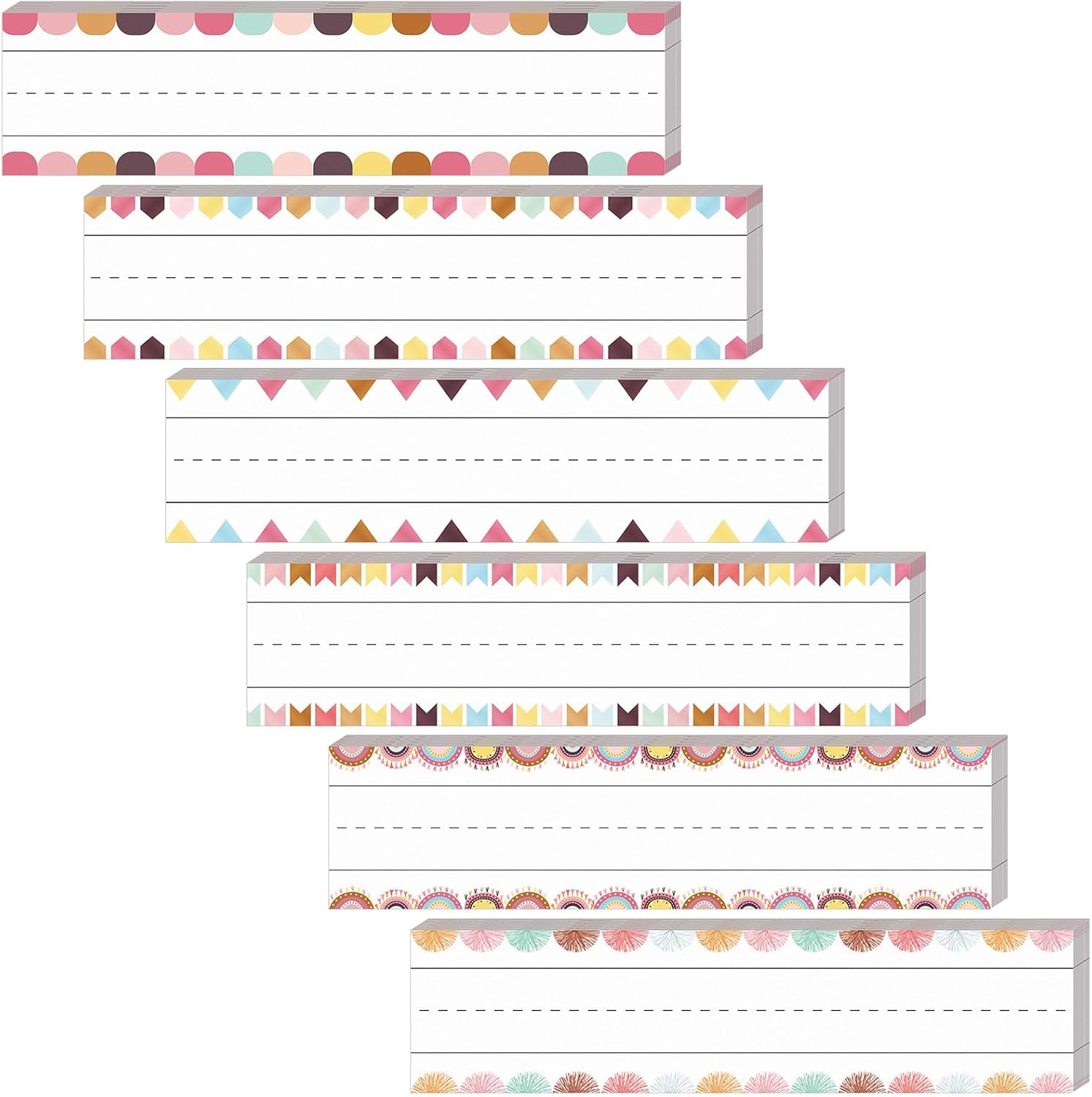 150 hojas de tiras de oraciones forradas estilo bohemio, tiras de palabras a rayas de colores, tiras adhesivas de nombre, tiras de papel para aula,