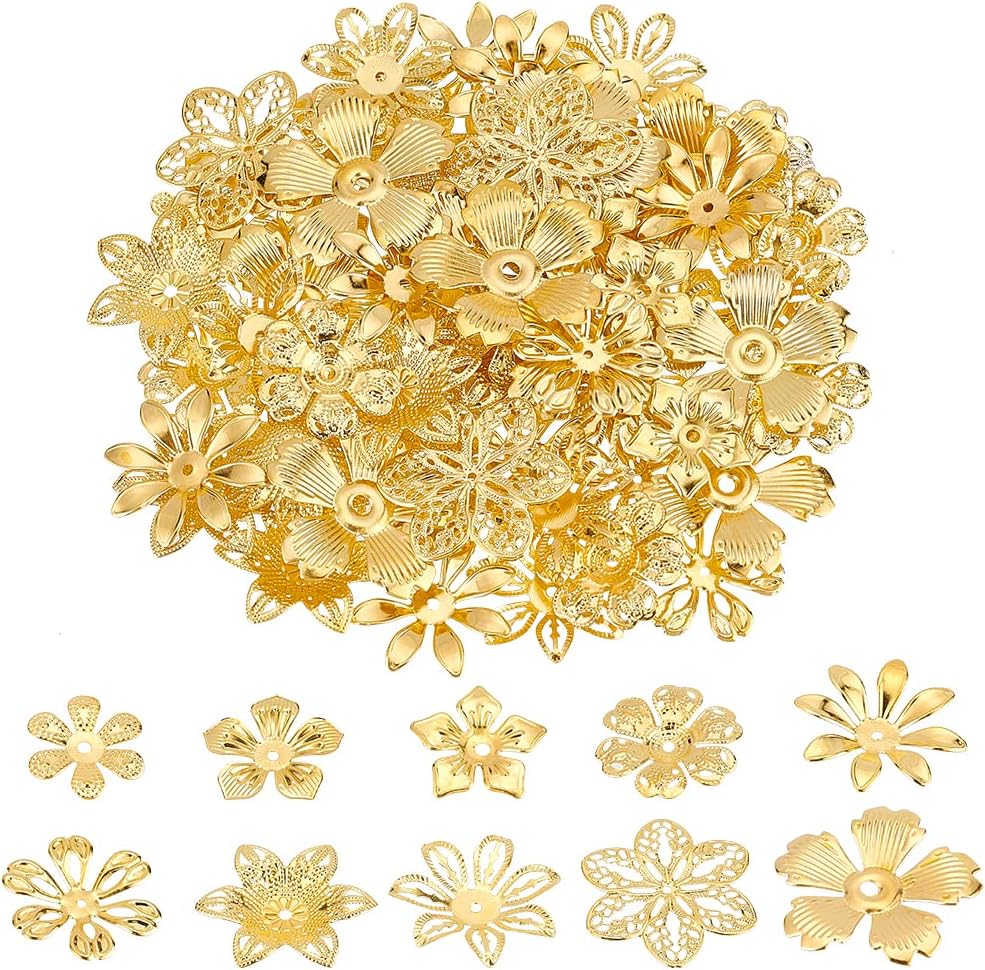 PandaHall – 200 tapas de cuentas de flores, 10 estilos de cuentas espaciadoras de filigrana, tapas de cuentas de metal para aretes de bricolaje,