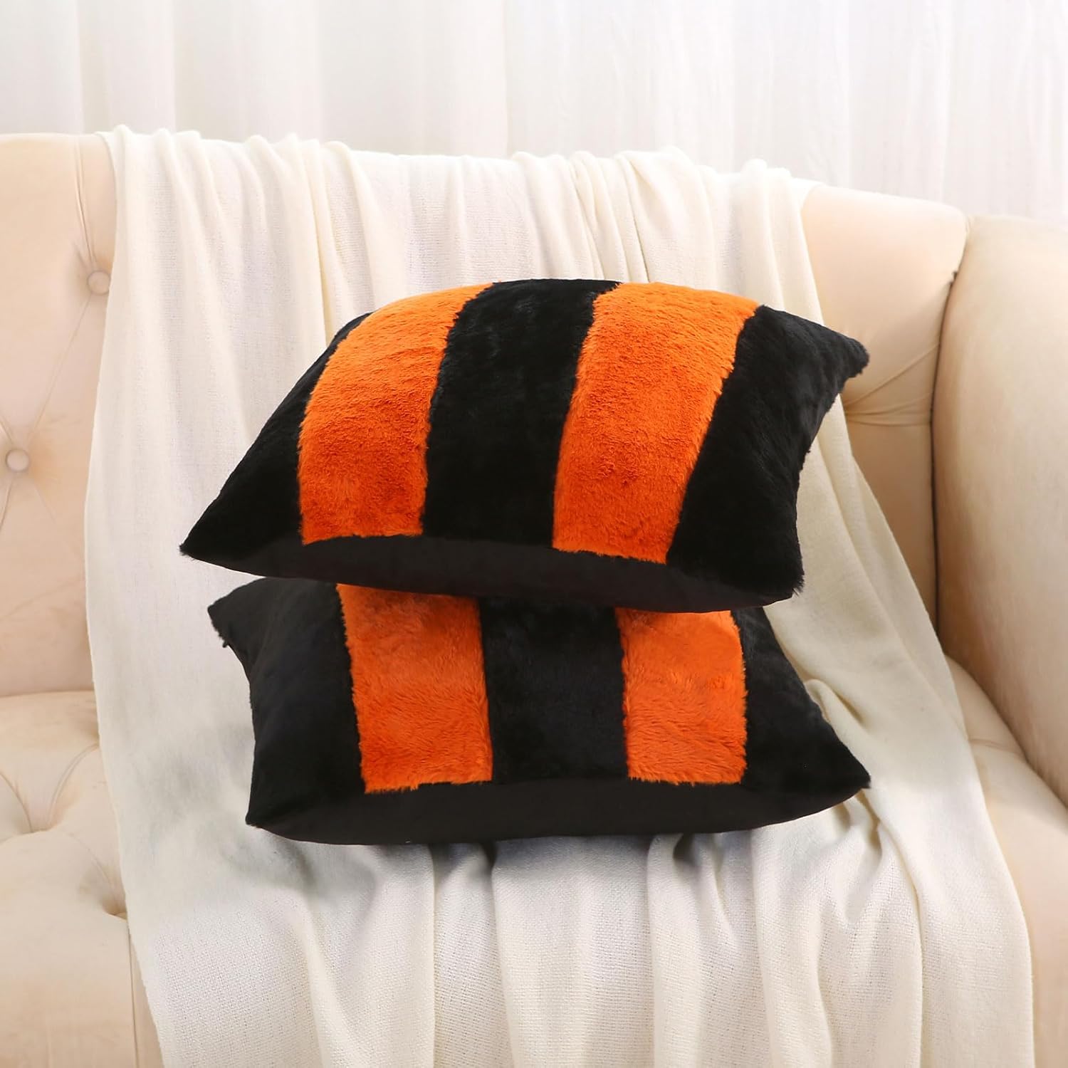 Juego de 2 fundas de almohada a rayas negras y naranjas de 18 x 18 pulgadas, decoraciones de otoño para el hogar, fundas de almohada decorativas,