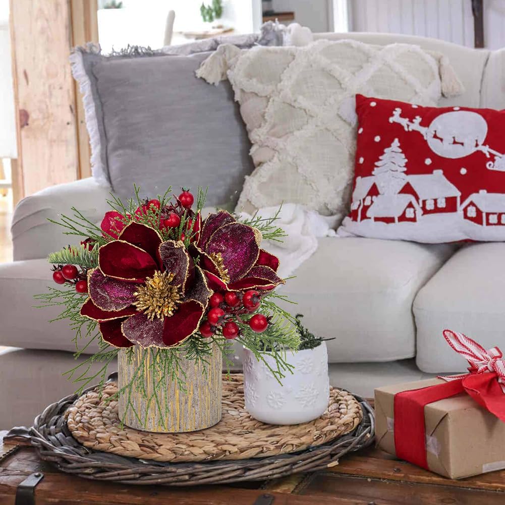 Centro de mesa de Navidad rojo de 12 pulgadas, 5 pulgadas, flor de magnolia con purpurina y bayas rojas, abeto, centro de mesa artificial de Navidad