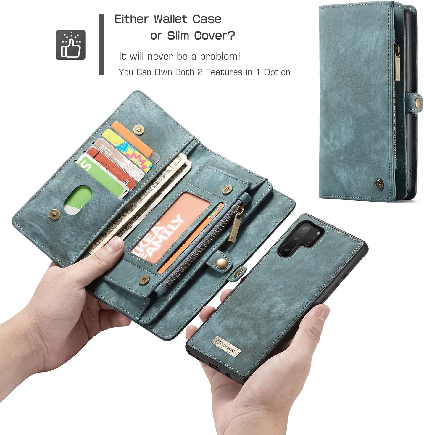 Funda tipo cartera para Samsung Galaxy Note 10 Plus, 2 en 1, de piel duradera, magnética, desmontable, con ranuras para tarjetas, cremallera y funda