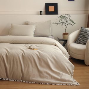 Simple&Opulence Juego de funda de edredón de lino bohemio con flecos de borlas, juego de edredón de mezcla de algodón de lino de 3 piezas, 1 funda Simple&Opulence Juego de funda de edredón de lino bohemio con flecos de borlas, juego de edredón de mezcla de algodón de lino de 3 piezas, 1 funda