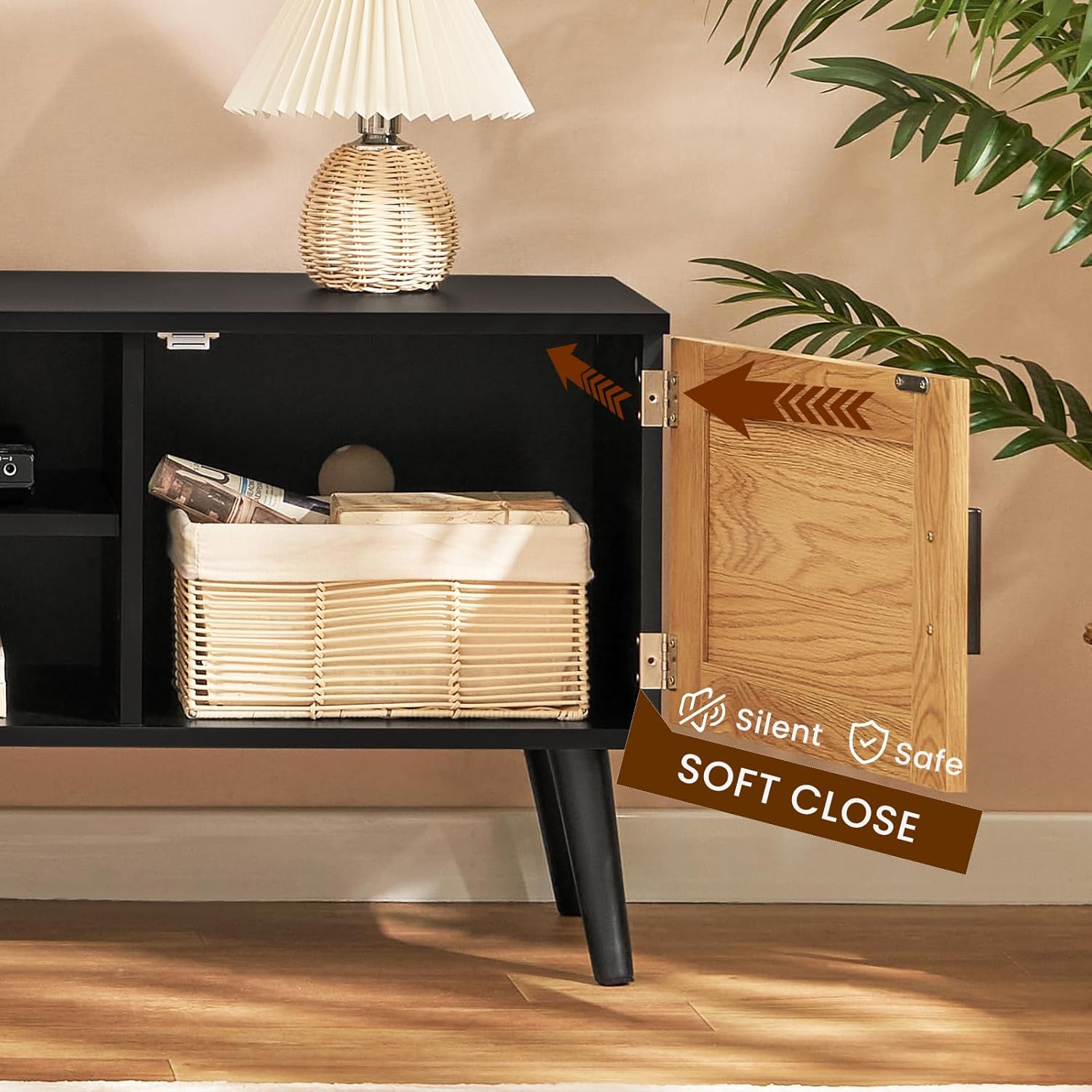 Iwell Soporte de TV de ratán para TV de 55, 65, 70 pulgadas, centro de entretenimiento con estante ajustable y 2 gabinetes, soportes de TV para sala