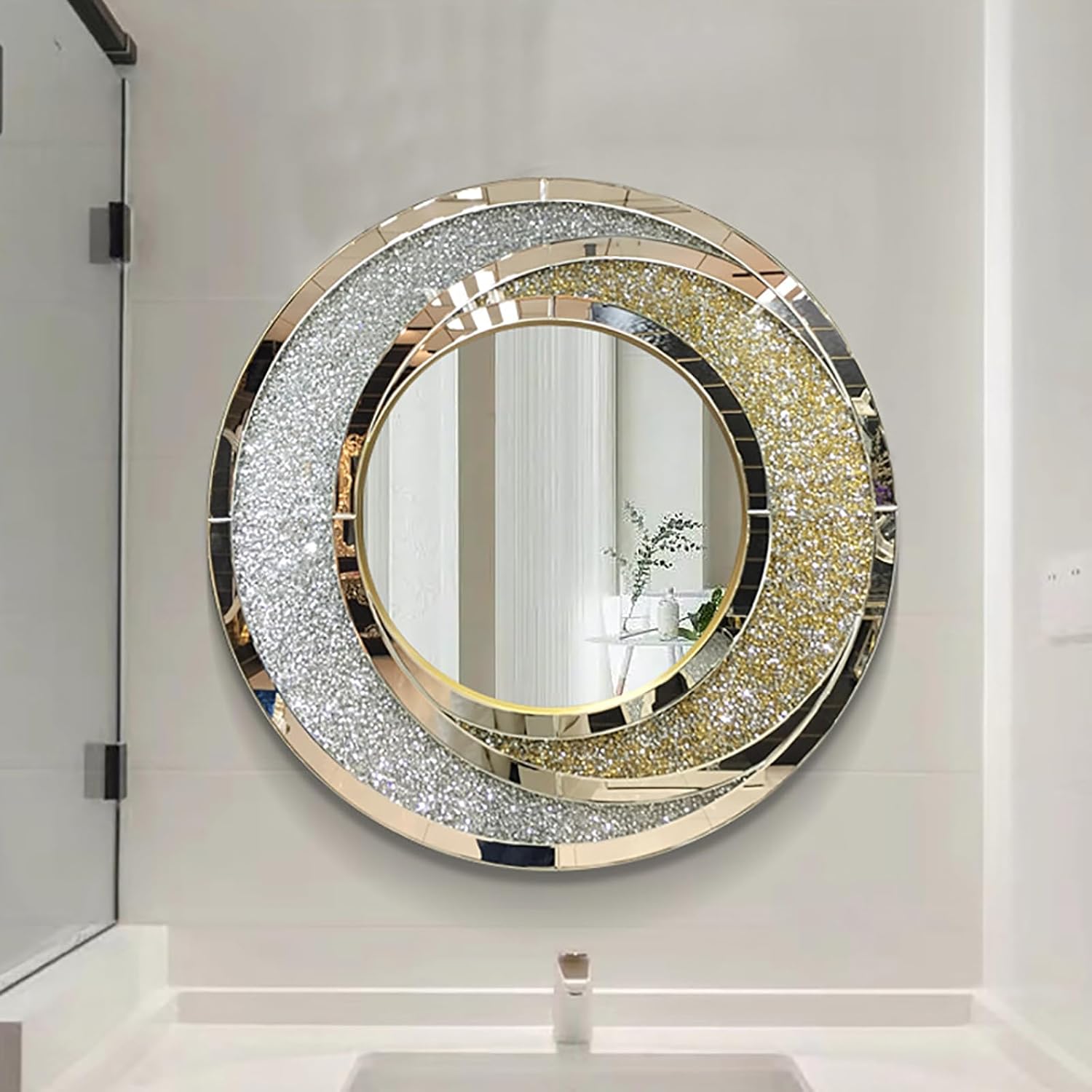 XOOFMASS Espejos de pared plateados decorativos, grandes espejos redondos de diamante para decoración de pared, modernos espejos de lujo decorativos