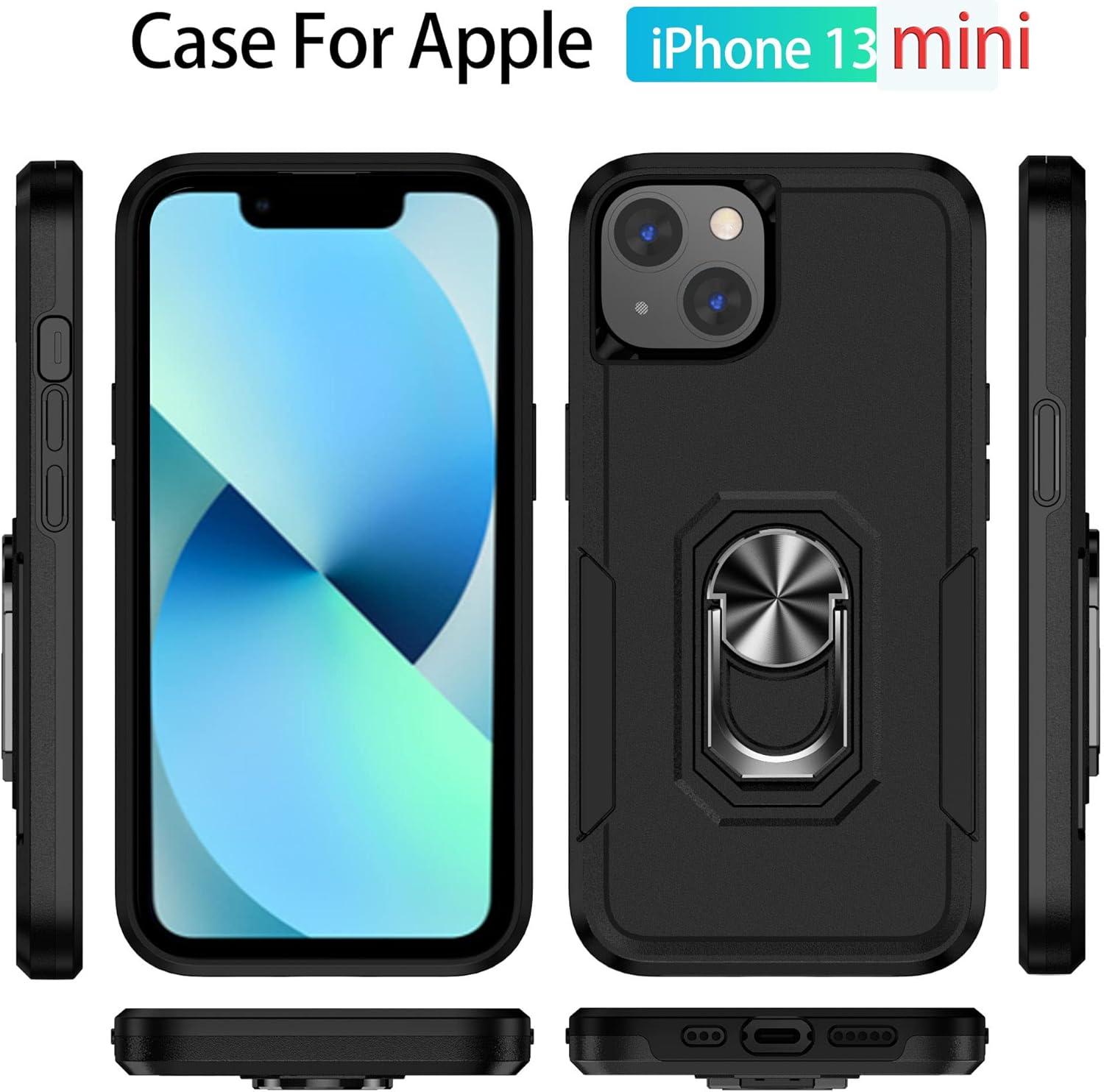 Funda para iPhone 13 Mini 5G con soporte de anillo giratorio de 360 integrado, funda magnética a prueba de golpes para iPhone 13 Mini 5G – (negro)