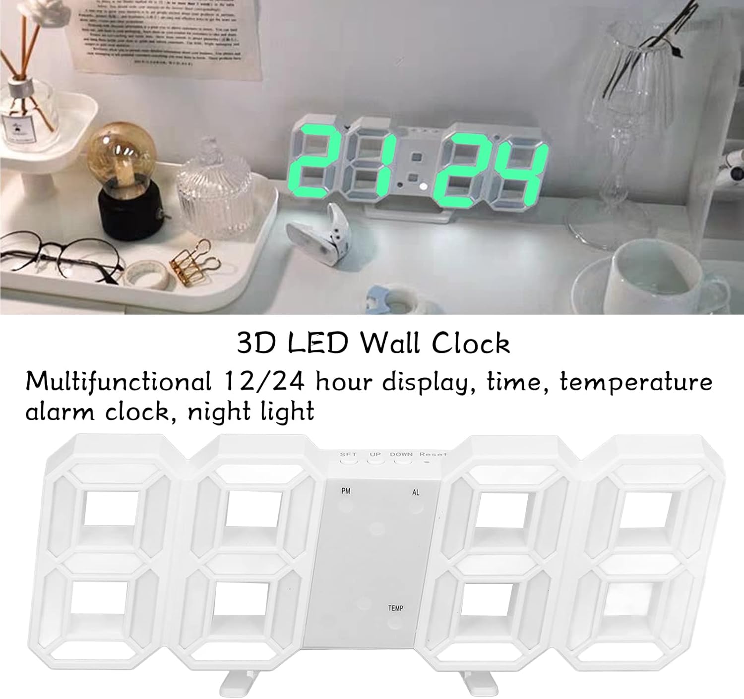 Mokernali Reloj de pared LED 3D, reloj de pared minimalista con marco blanco, reloj despertador digital, con temporizador y temperatura, 9.1 x 3.7