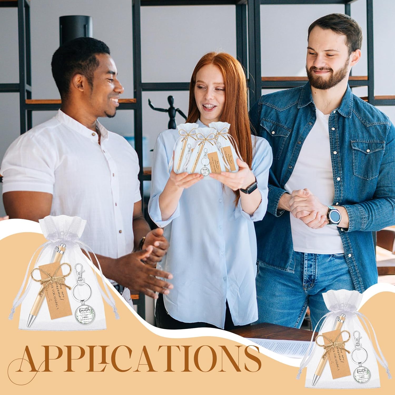 Yeaqee Regalos de agradecimiento a los empleados, bolígrafos motivacionales de bambú a granel, llaveros inspiradores con bolsas de organza,