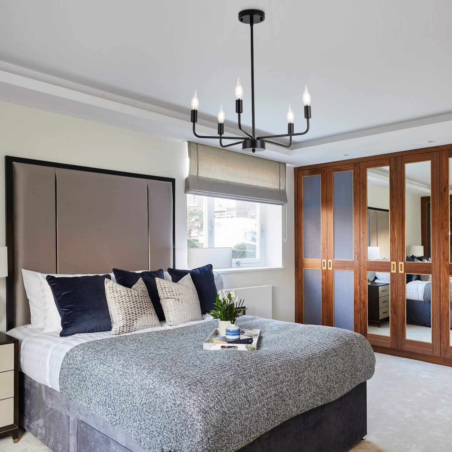 SHANSRUI Candelabro negro mate moderno estilo casa de campo, lámpara de techo contemporánea, 5 luces, lámparas colgantes para dormitorio, sala de