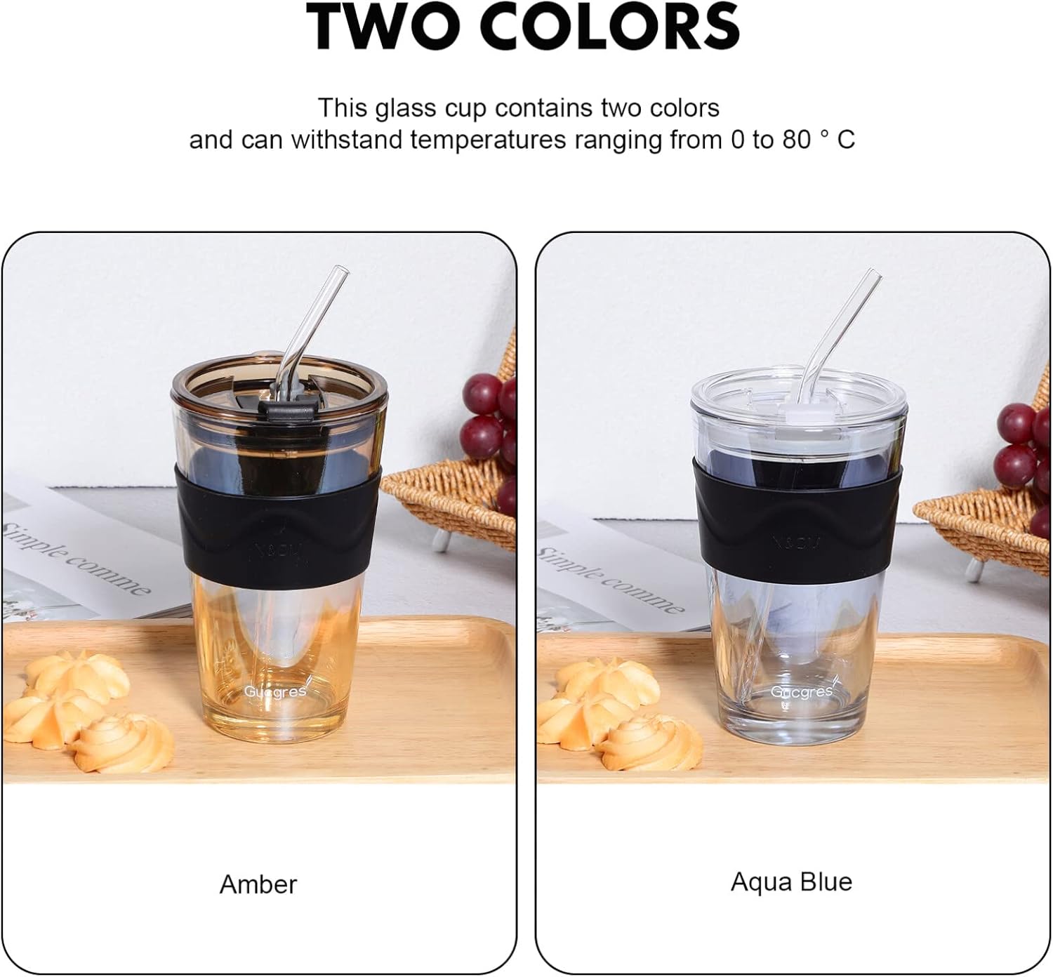 UPKOCH 2 vasos de vidrio con tapa y pajita, vaso de 16 onzas, vaso de vidrio grueso para pared con tapa sellada, tazas de café helado con funda de