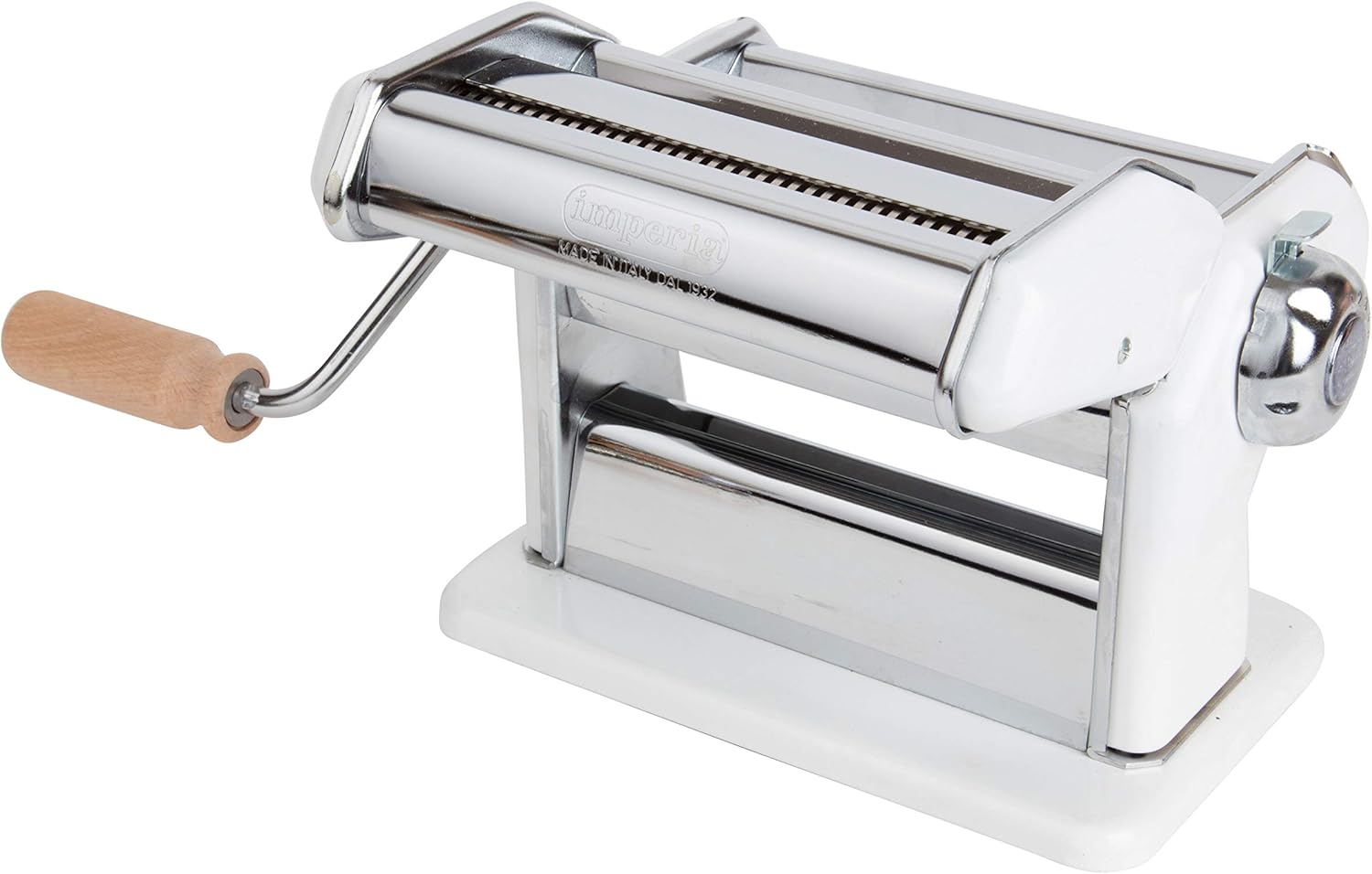 Imperia Máquina para hacer pasta, color blanco, fabricada en Italia, construcción de acero resistente con esfera de fácil bloqueo, mango de agarre