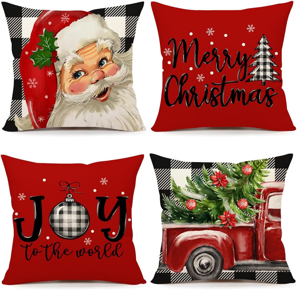 4TH Emotion Juego de 4 fundas de almohada navideñas a cuadros de búfalo de 20 x 20 pulgadas, decoraciones navideñas de granja, árbol de Navidad,