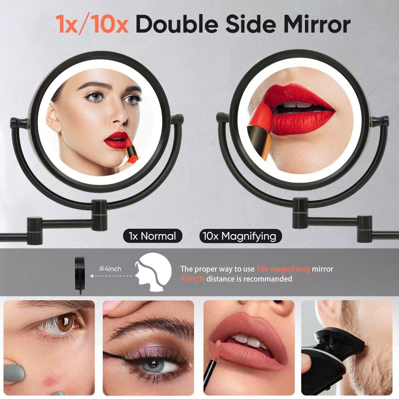 GURUN Espejo de maquillaje con aumento de 8.5 pulgadas con luces LED de 3 tonos, espejo de tocador de doble cara para baño con aumento de 10X