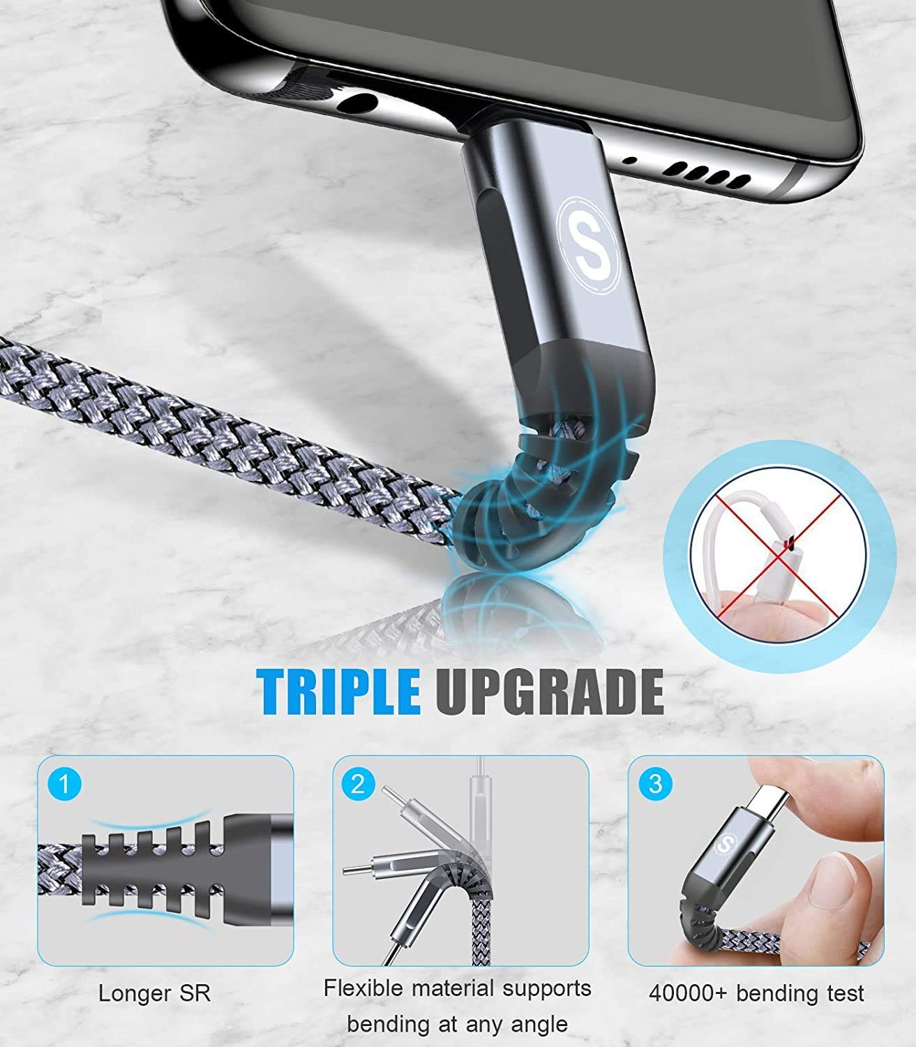 Cable USB tipo C de 3.1 A de carga rápida 3 unidades, 6.6 pies, cargador USB-A a USB-C, cable trenzado de nailon para Samsung Galaxy S21 S20 S10 S9