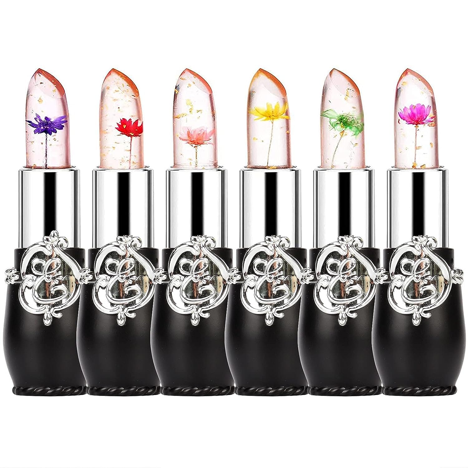 RanRui Paquete de 6 lápices labiales Crystal Flower Jaly, bálsamo labial nutritivo de larga duración, hidratante para labios, cambio de color,