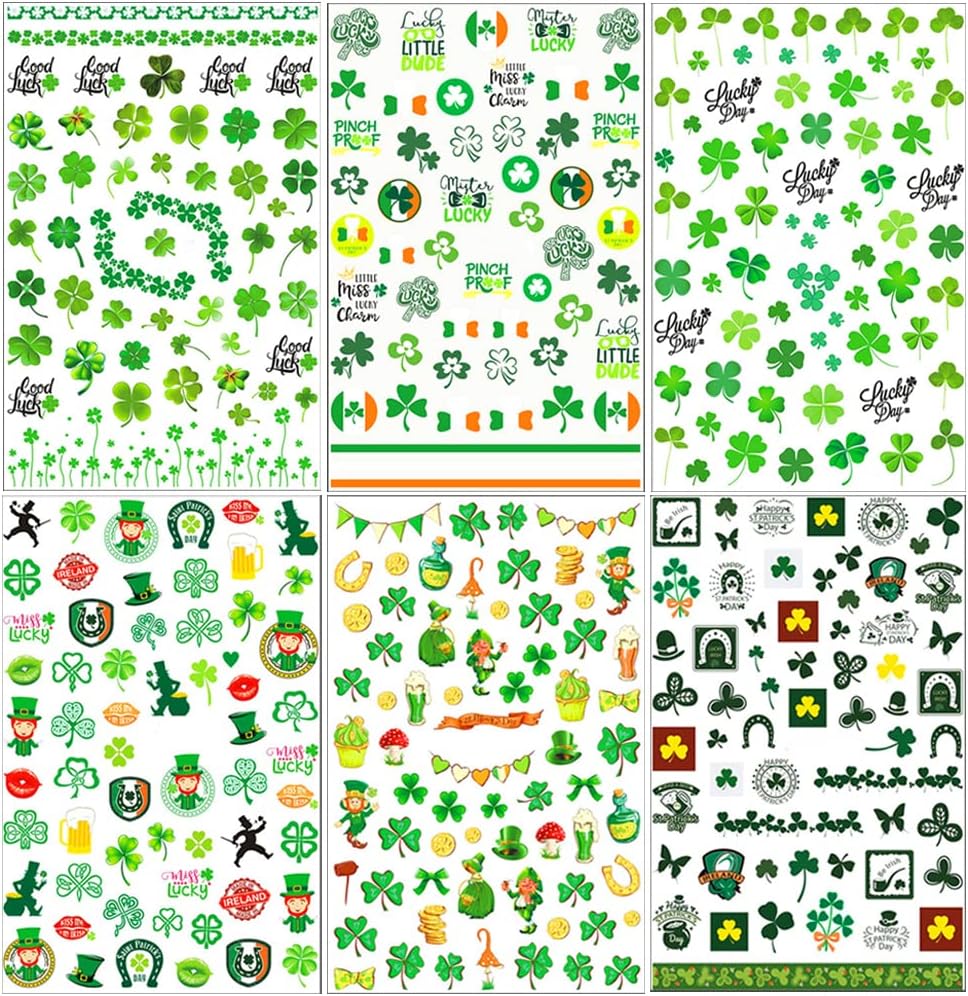 6 hojas de calcomanías para uñas del día de San Patricio, autoadhesivas 3D, trébol, trébol, trébol, verde, irlandés, decoración de uñas, día de San