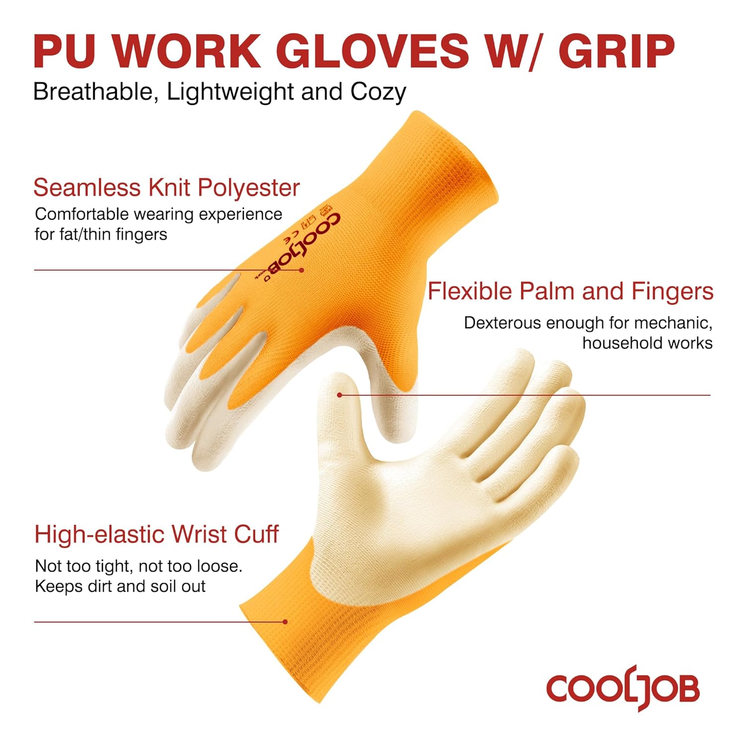 COOLJOB Guantes de seguridad revestidos en poliuretano, juego por mayor de 12 pares de guantes de trabajo
