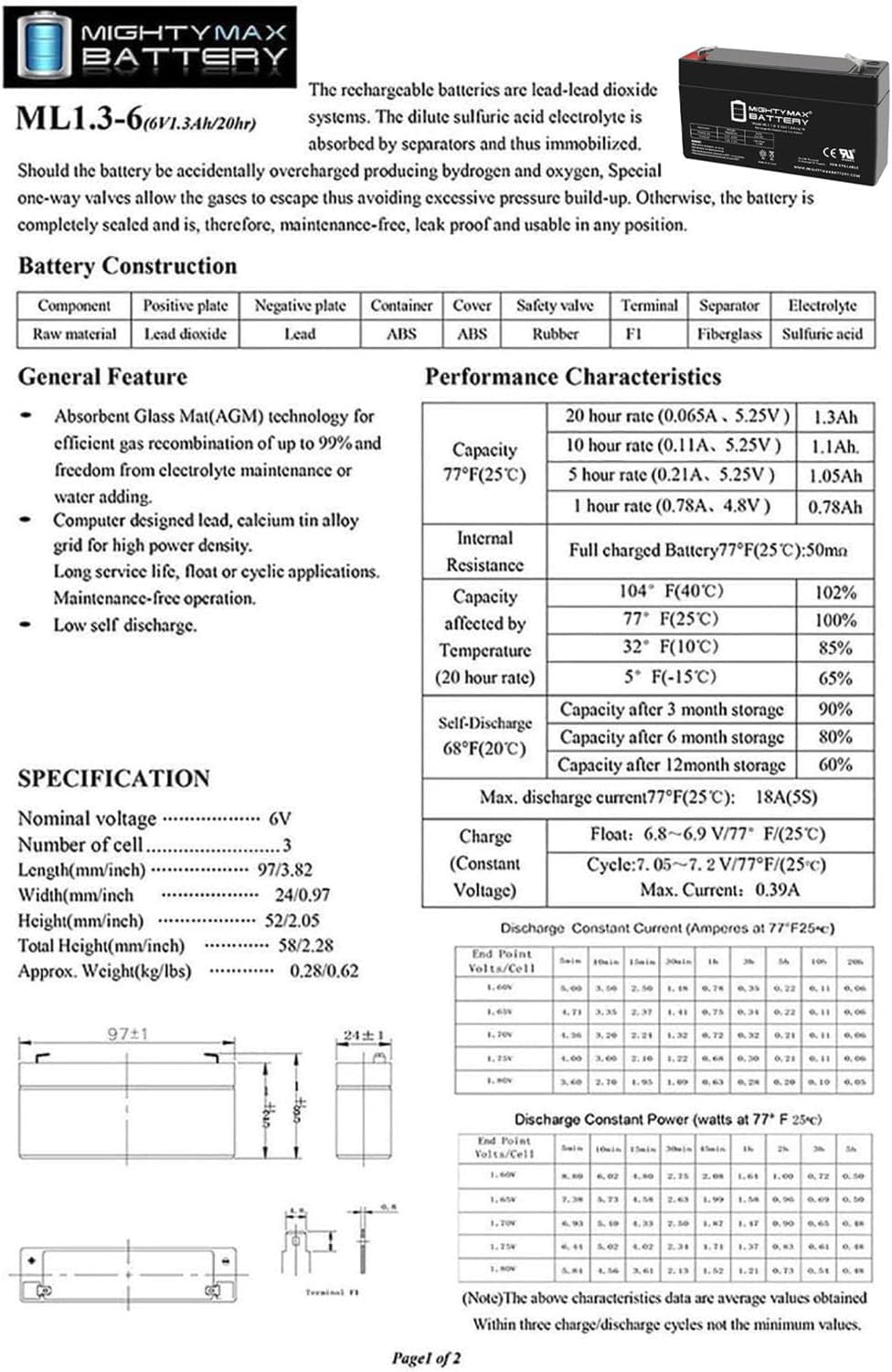 Mighty Max Battery Batería de repuesto SLA de 6V 1.3AH compatible con Peg Perego Ducati 1098-20 Pack