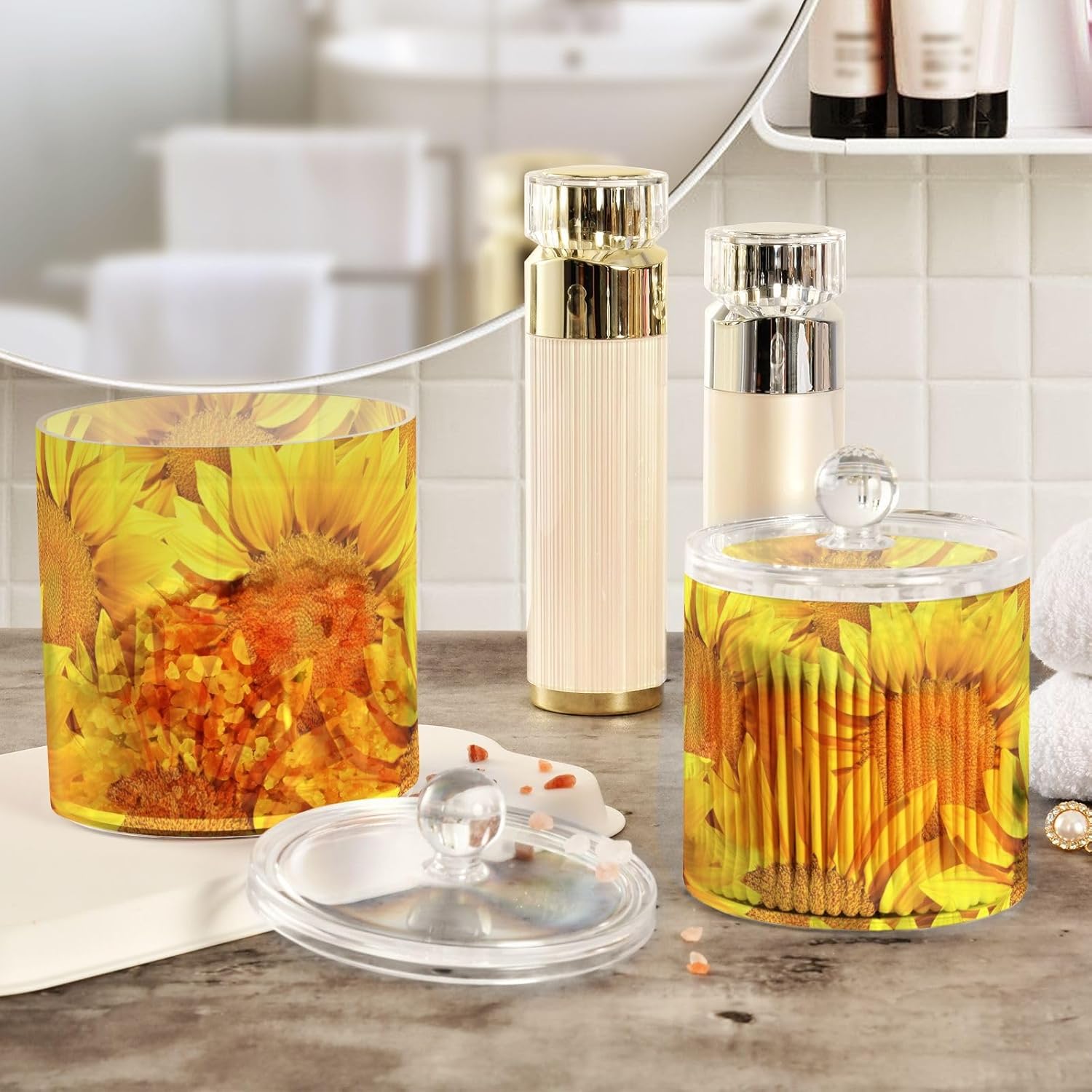 Tarros de girasoles con tapas, contenedores de almacenamiento de baño, recipientes de almacenamiento de algodón para dormitorio, artículos