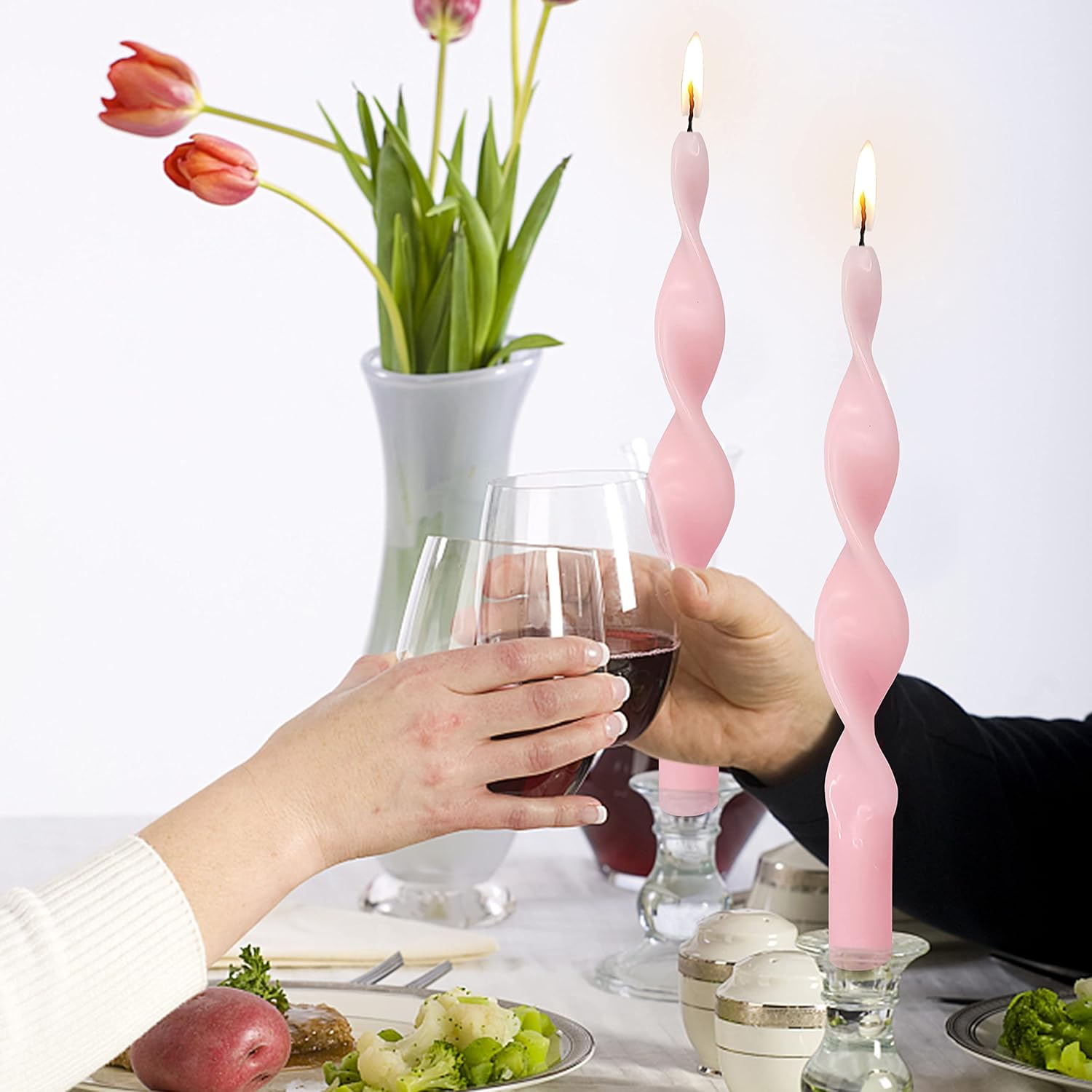 Velas en espiral, color rosa, sin perfume, 2 velas hechas a mano, velas de boda de 10 pulgadas para proponer San Valentín, cena, hogar, relajación y