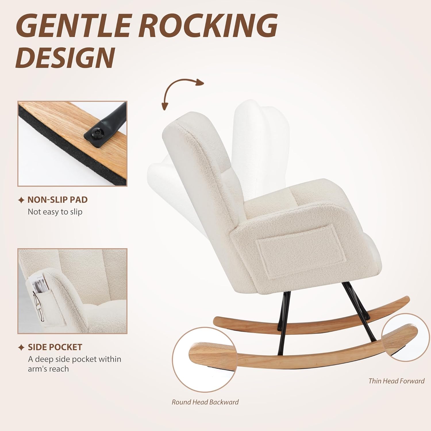 Mecedora para guardería, mecedora tapizada de peluche con respaldo alto, silla reclinable con bolsillo para dormitorio, sala de estar, oficina,
