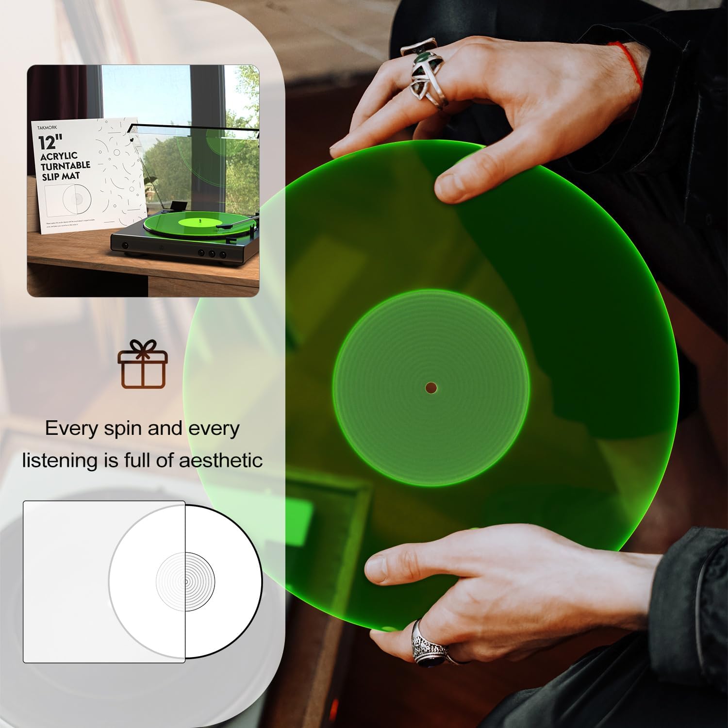 Alfombrilla para tocadiscos para tocadiscos, tapete de vinilo acrílico Greenlit para tocadiscos, antiestático, más apretado y bajo definido, verde