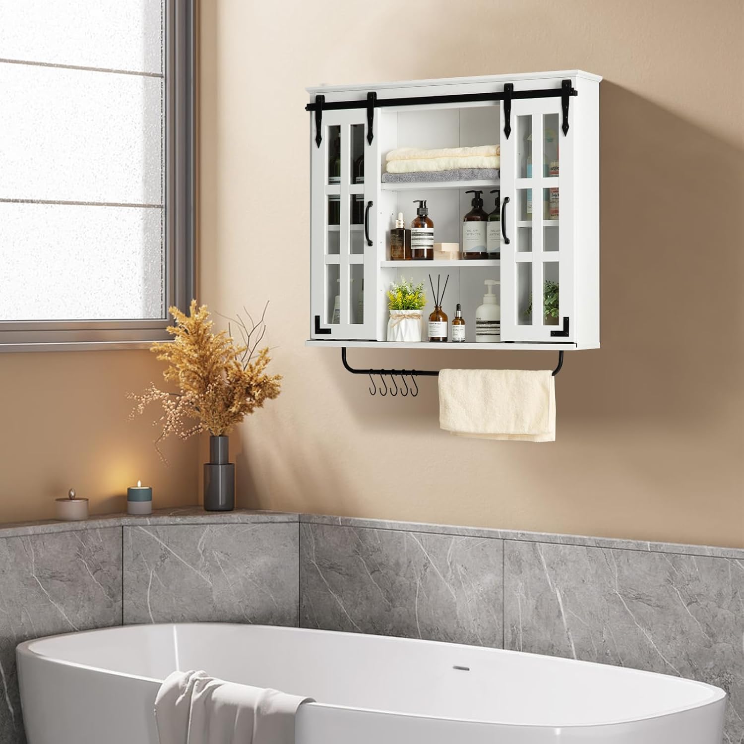 RUSTOWN Armario de baño de granja montado en la pared, armario de pared de madera rústica con dos puertas correderas de vidrio y estante ajustable,