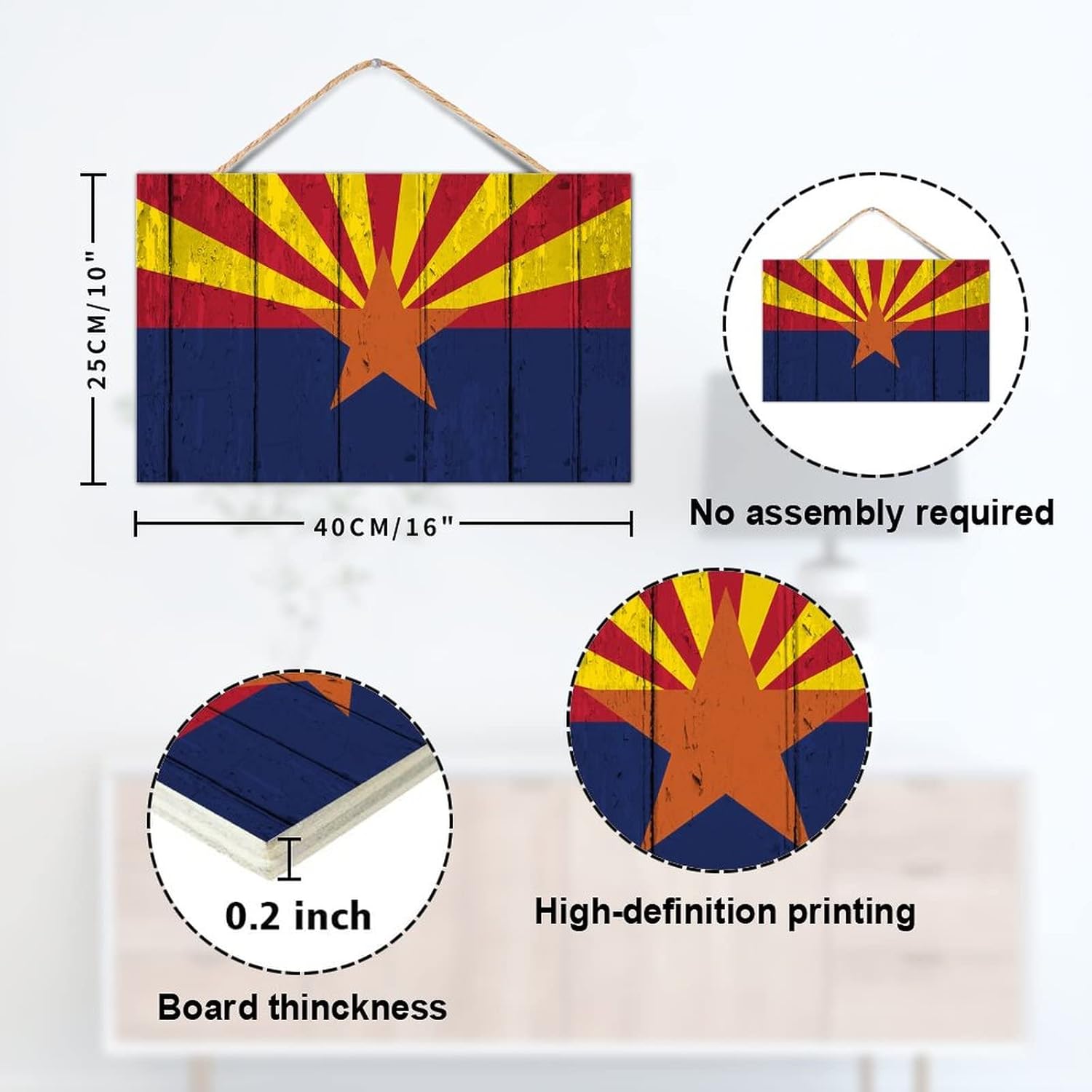 TEANFUN Letrero colgante de madera del estado de Arizona, bandera rústica del estado de Arizona, letrero de pared de madera para colgar en la