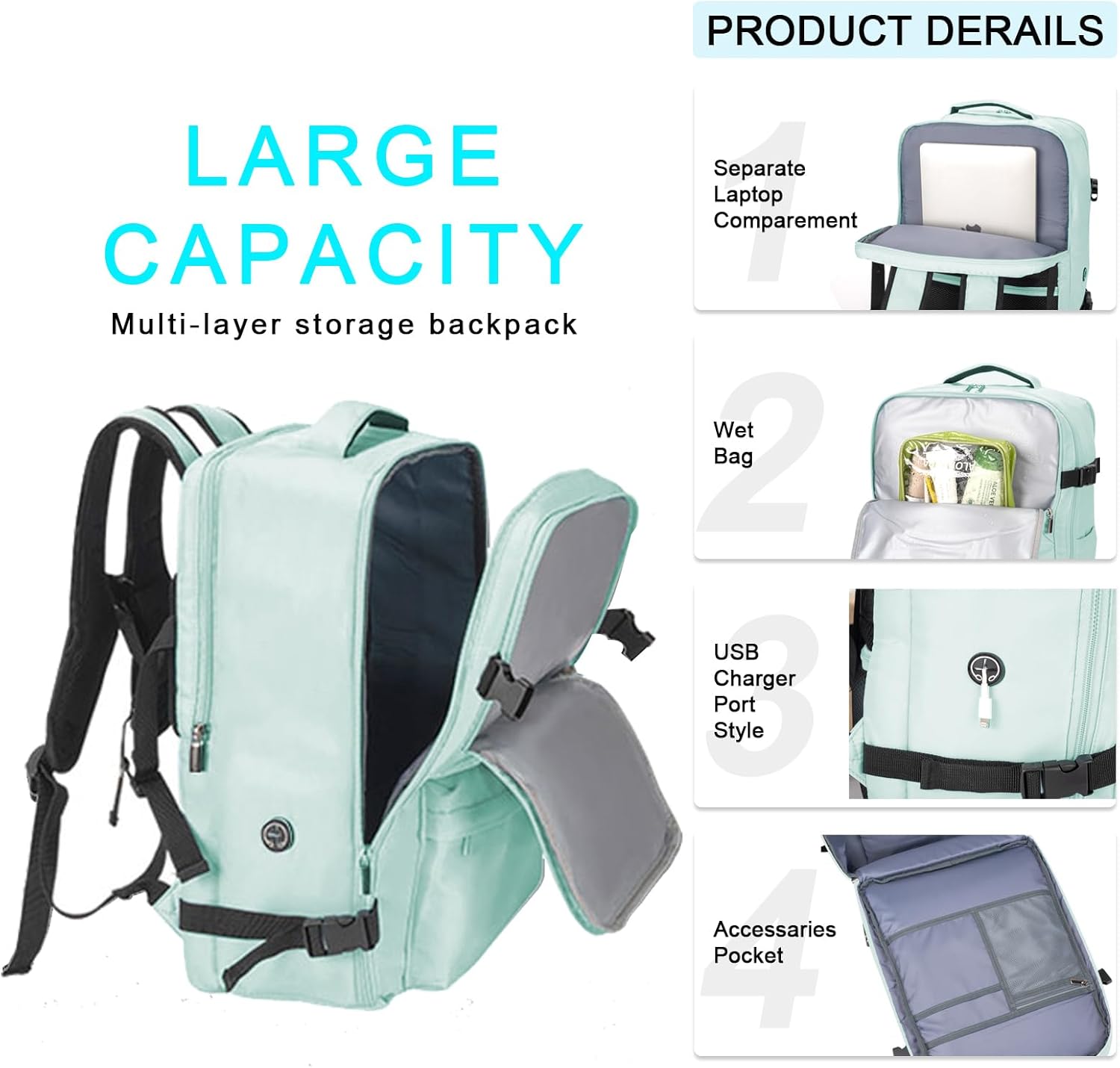 Mochila para portátil de 17 pulgadas, compatible con la TSA, puerto de carga USB, impermeable, adecuada tanto para hombres como para mujeres, Azul,