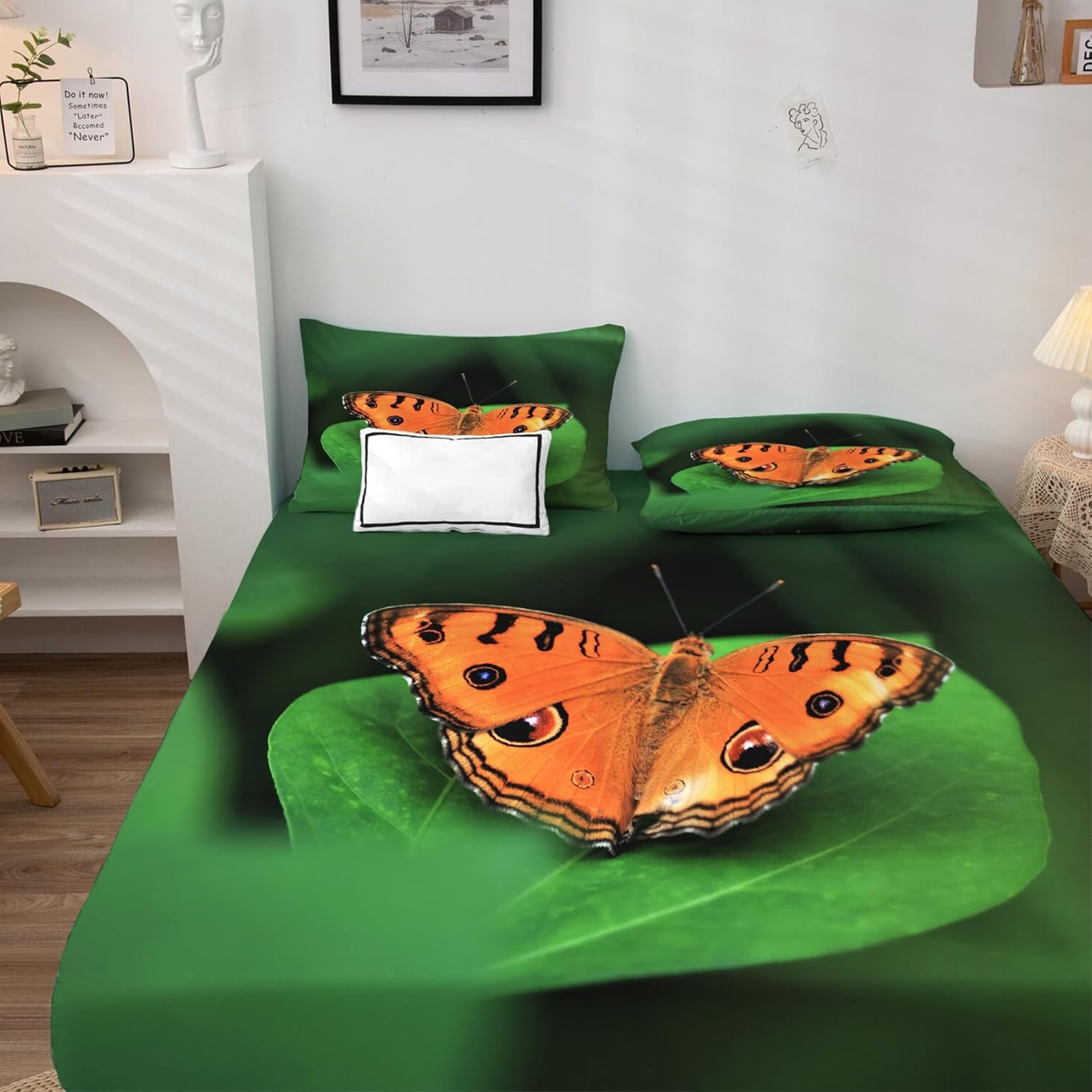 Sábanas de mariposa tamaño Queen, sábanas de hojas verdes de mariposas, sábanas y fundas de almohada de 4 piezas, sábana bajera ajustable de