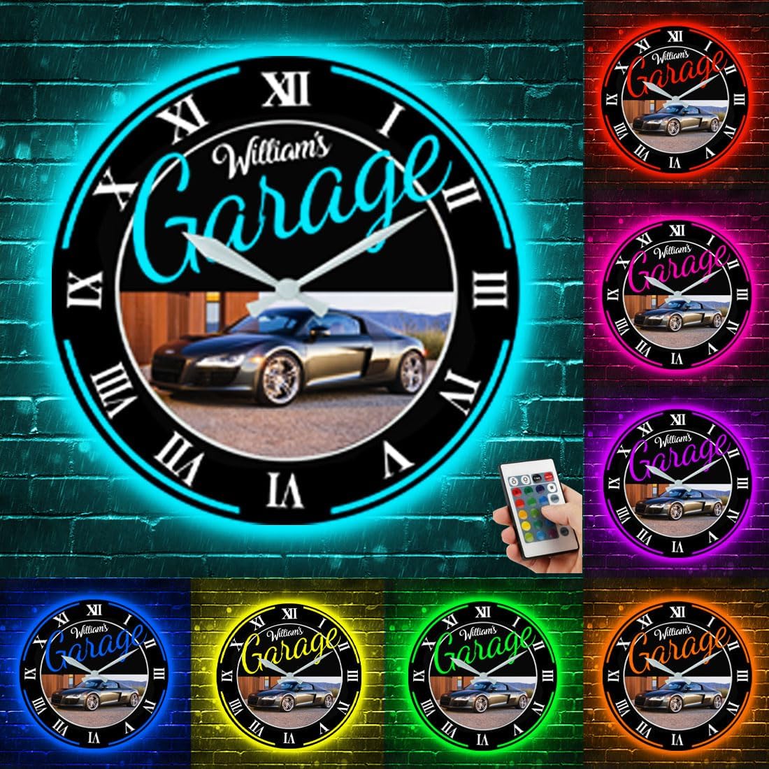 Attention Reloj de pared personalizado con foto para automóvil, luz de reloj de pared de garaje con nombre personalizado, reloj de pared de garaje
