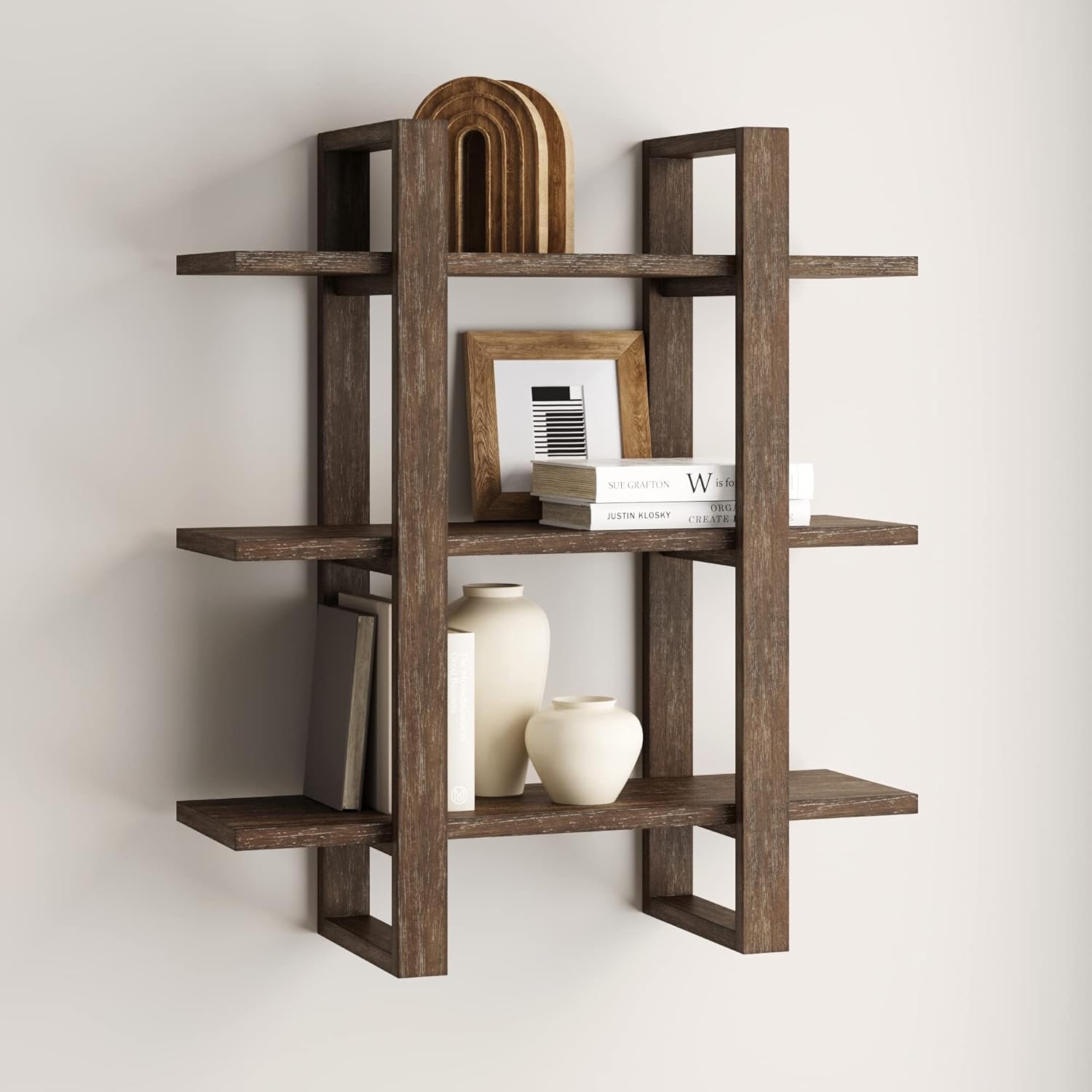 Nathan James Estantes flotantes de pared para libros, estante de exhibición de 3 niveles, estante modular decorativo en madera maciza para