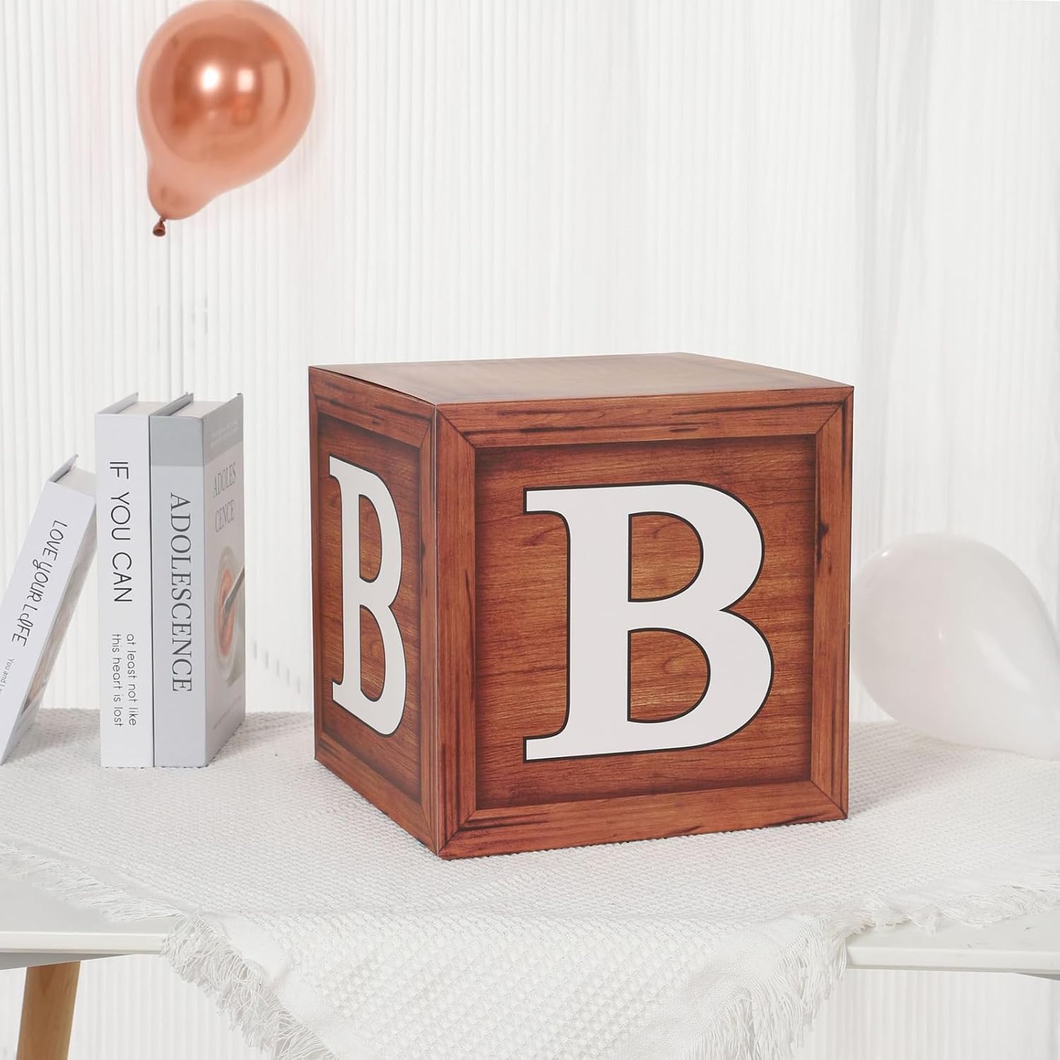 Cajas de bebé para baby shower, 4 piezas de bloques de grano de madera marrón con letras impresas de bebé para revelación de género de bebé,
