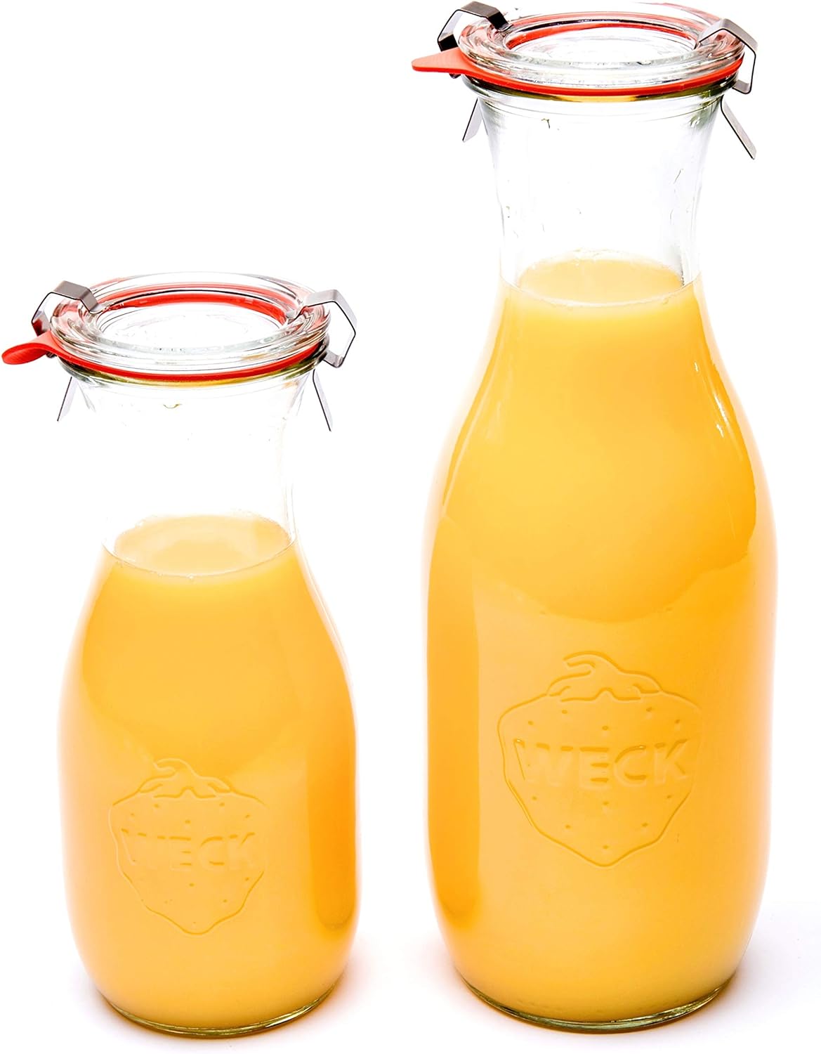 Weck Paquete combinado de tarros de jugo (1) 766 tarro de 1 litro (1) tarro 764 de 12 litros con tapas de vidrio, anillos de goma y abrazaderas de