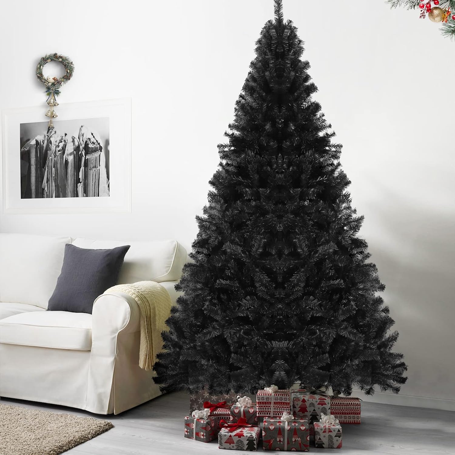 Árbol de Halloween artificial negro de 7.5 pies, sin luz, árbol de Navidad de abeto con bisagras de alta calidad con 1346 puntas de ramas y soporte