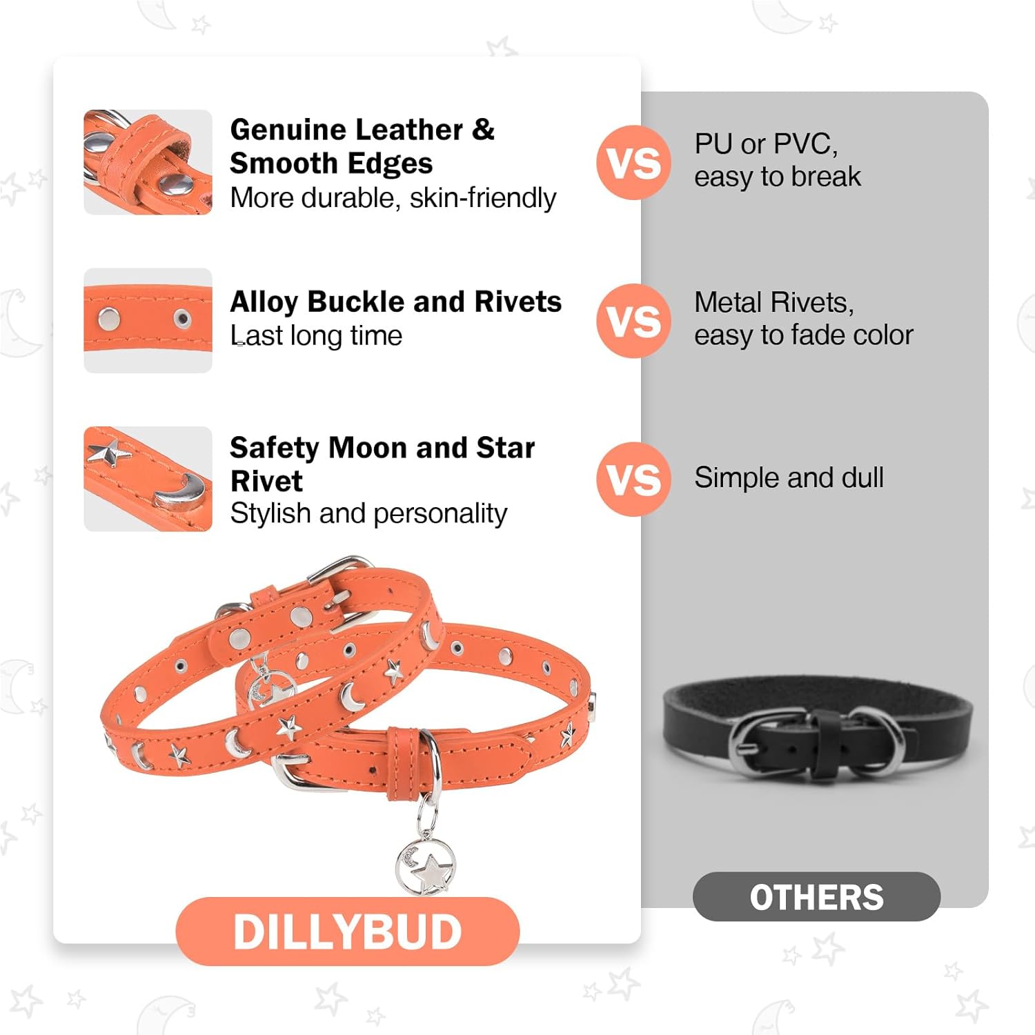 Collar de cuero para perros pequeños y medianos, collar ajustable con remache de estrella y luna con hebilla de metal resistente al óxido, collares