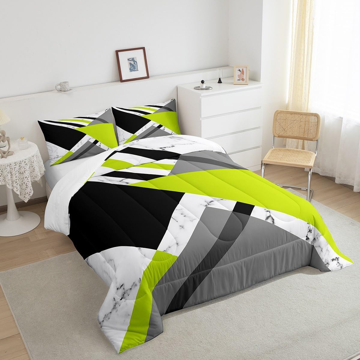Juego de edredón verde lima y gris, juego de ropa de cama geométrica verde, negro y blanco, tamaño individual, patrón de retazos, geométrico,