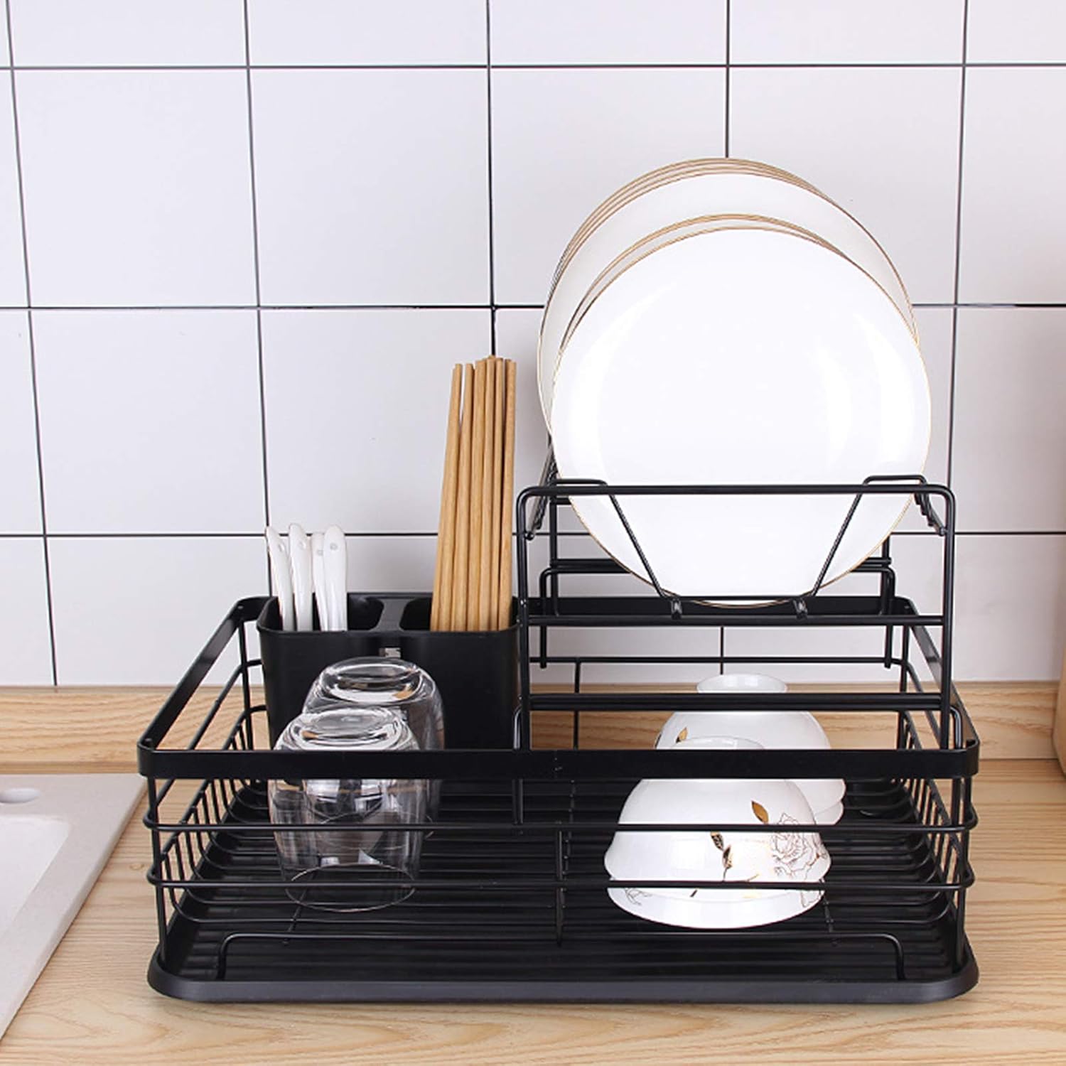Estante de secado de platos, 2 estantes de secado de platos con soporte para utensilios a prueba de polvo, escurridor de platos y escurridor para
