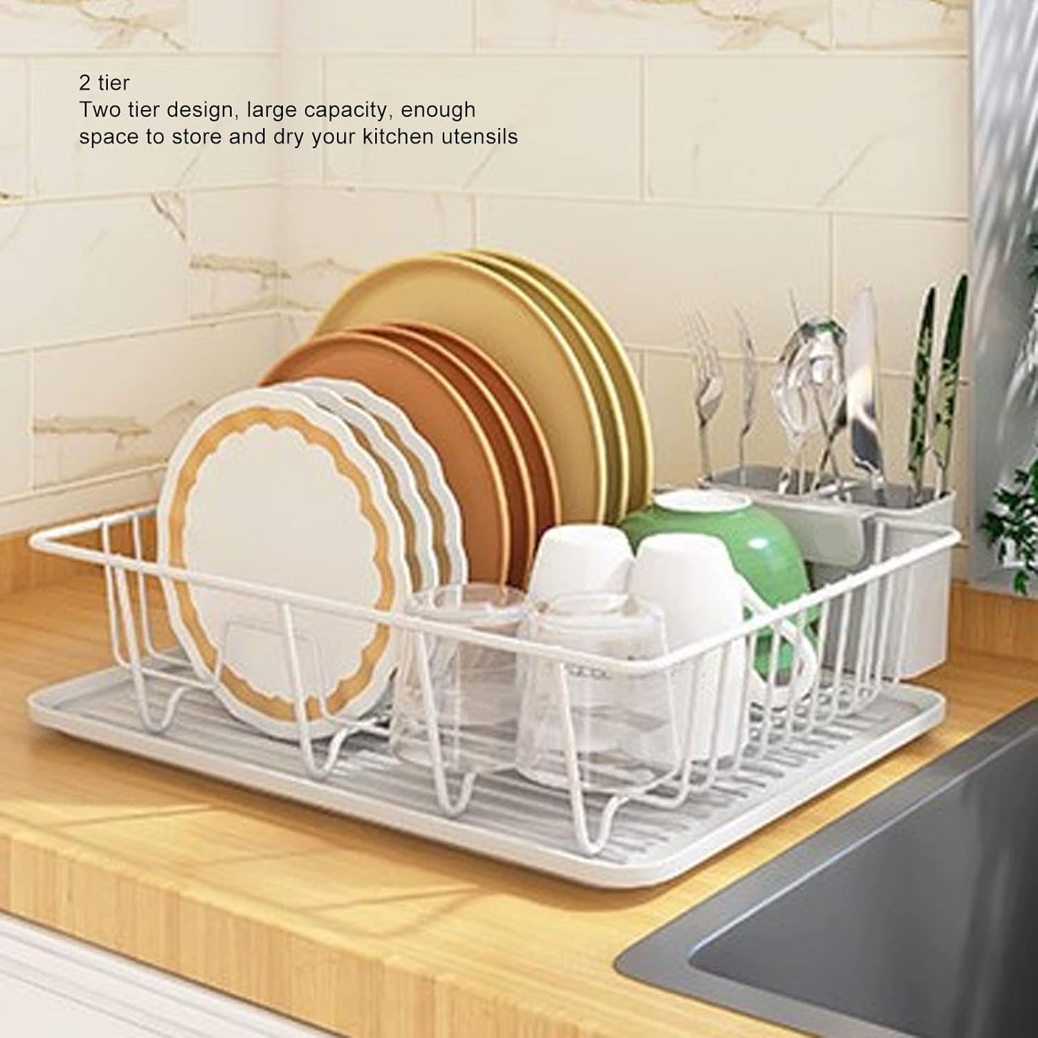 Escurridor de platos para encimera de cocina, 2 niveles con soporte para tazas, escurridor de platos con escurridor, soporte para utensilios de gran