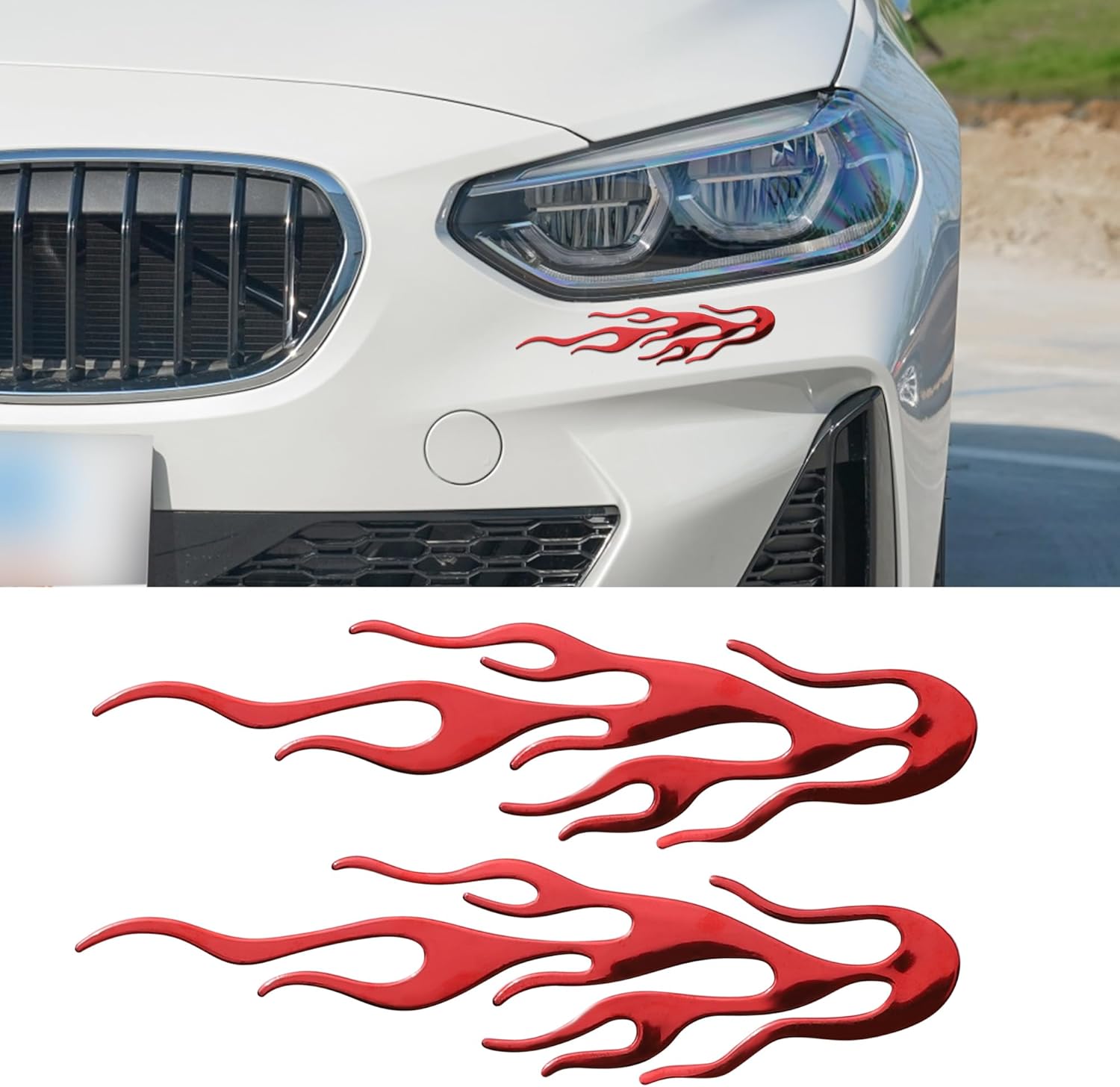 TOMALL 2 calcomanías brillantes de llama 3D de 7.8 pulgadas para automóvil, carreras de llamas, deportes, rayas cromadas, calcomanías para carrito