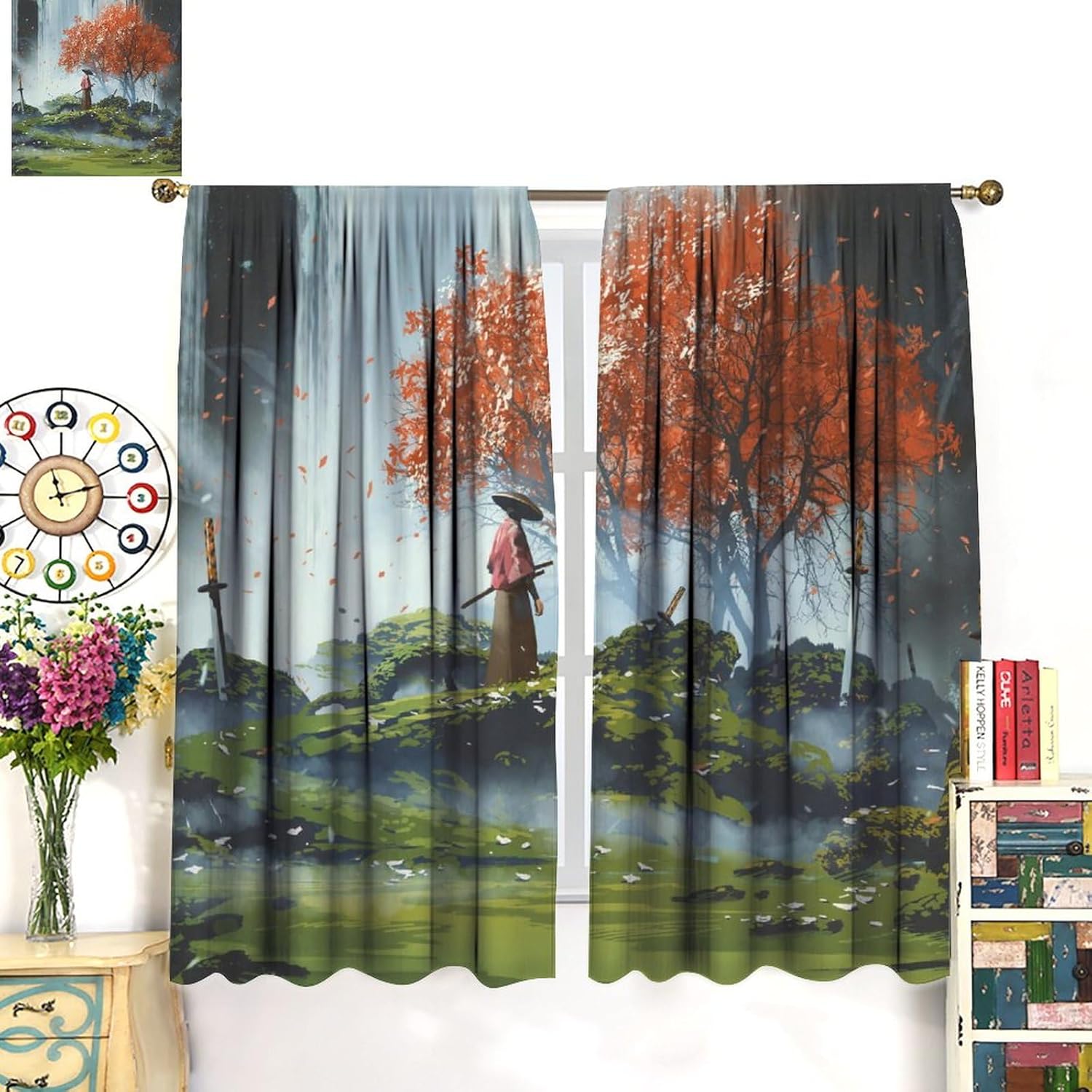 MYS QiQi Cortinas japonesas de anime con pintura de tinta, Samurái, decoración de habitación, cortinas de ventana rojas, negras y blancas, cortinas