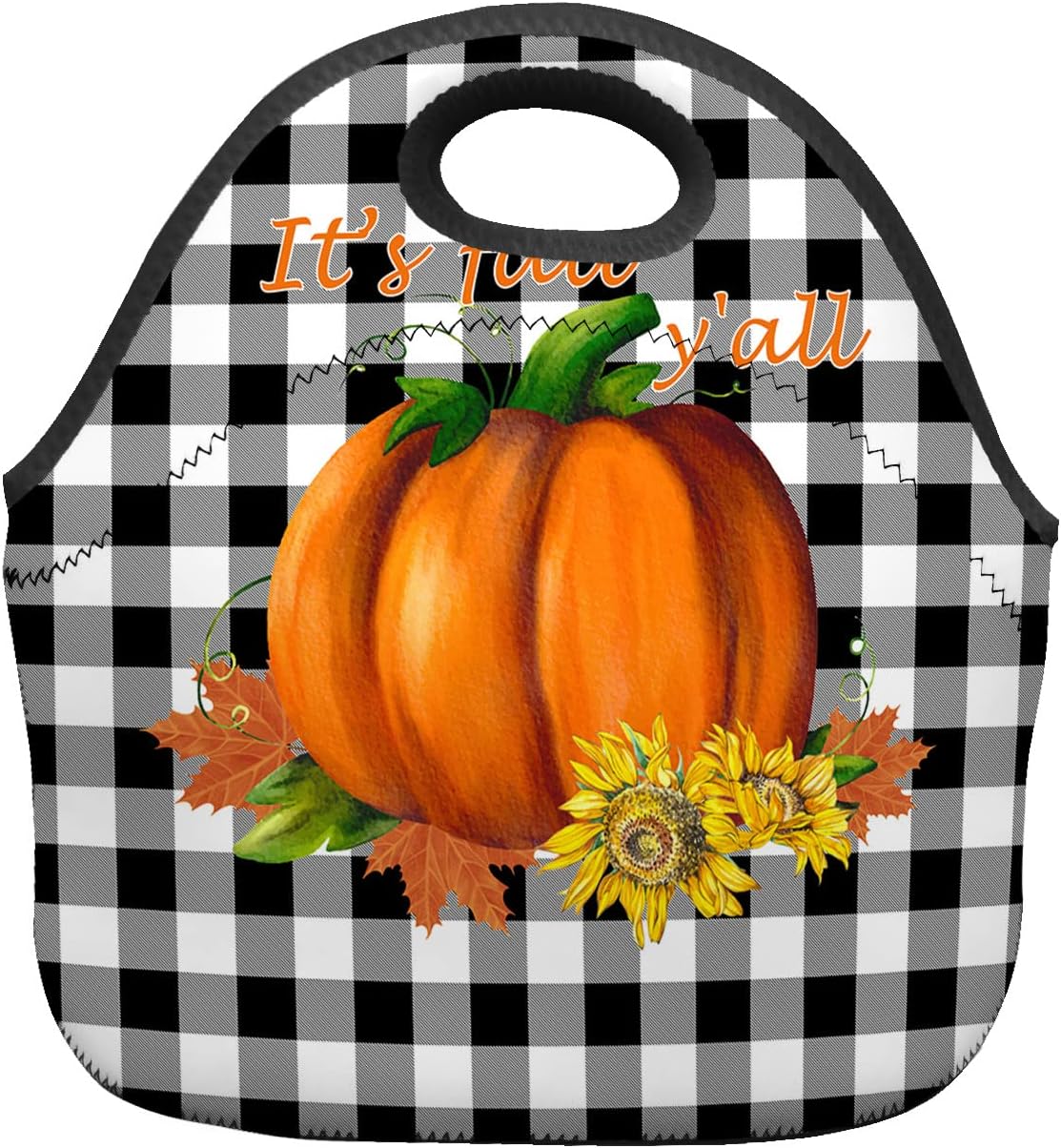 Reusable Neoprene Lunch Bag, It’s Fall Y’all Pumpkin on Black White Buffalo Plaid Soft Thermal Meal Tote, Lightweight Washable Insulated Lunch Pouch