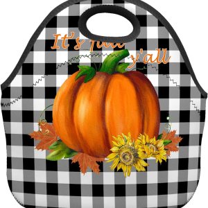 Reusable Neoprene Lunch Bag, It’s Fall Y’all Pumpkin on Black White Buffalo Plaid Soft Thermal Meal Tote, Lightweight Washable Insulated Lunch Pouch Reusable Neoprene Lunch Bag, It’s Fall Y’all Pumpkin on Black White Buffalo Plaid Soft Thermal Meal Tote, Lightweight Washable Insulated Lunch Pouch