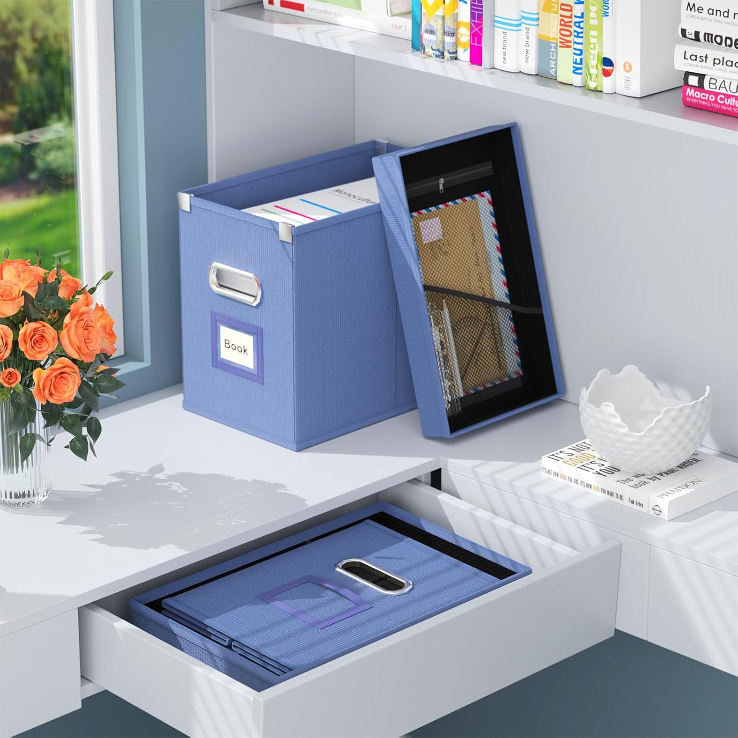 Huolewa Juego de 2 cajas de archivos colgantes organizadoras, cajas organizadoras de archivos con bolsillo de malla para archivos y carpetas tamaño