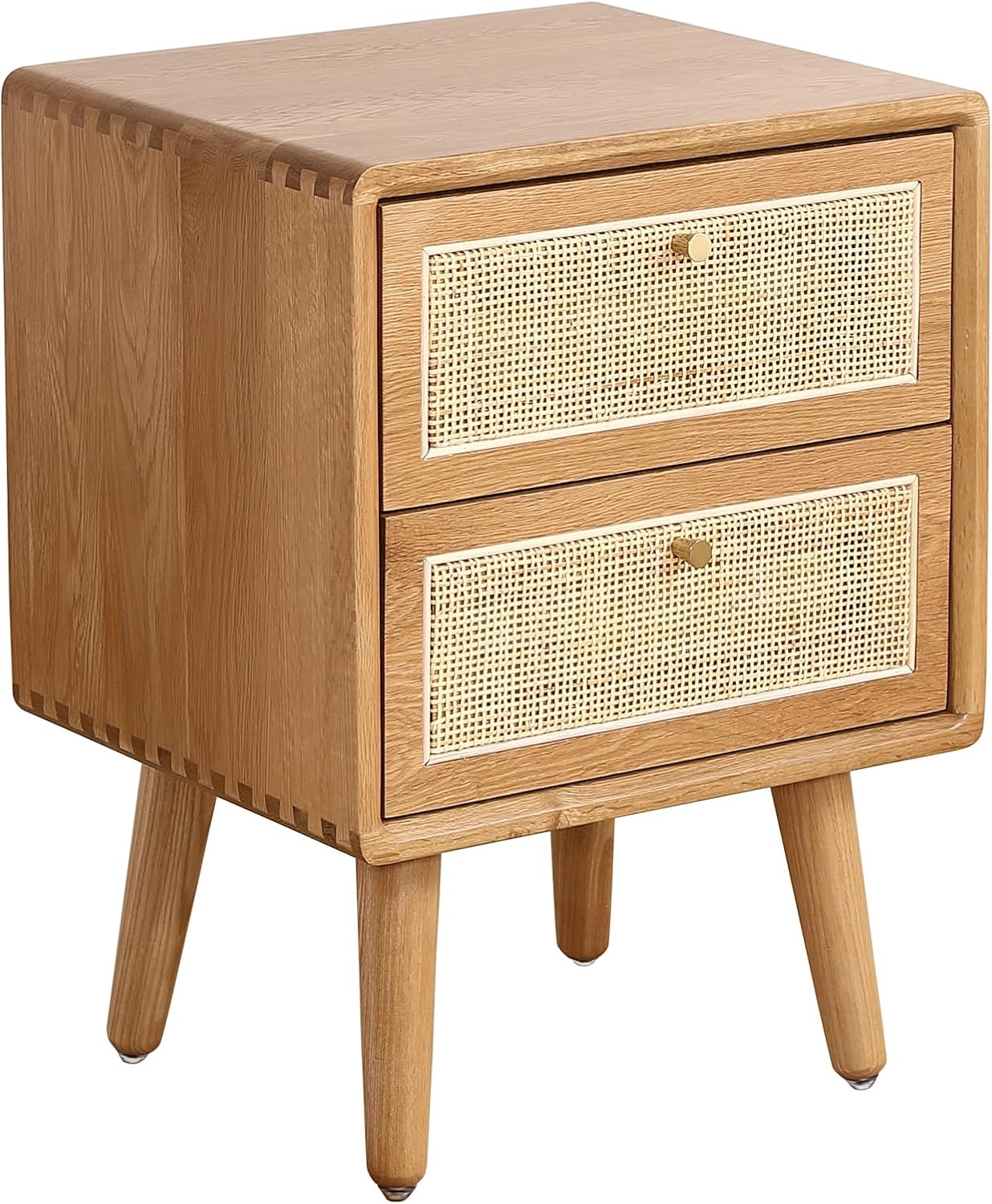 Olusmane Nightstand Easy Assembly Solid Oak Wood Mid Century Modern Night Stand with 2 Rattan Drawers Small Bedside Table Sturdy & Durable 15.75″ L
