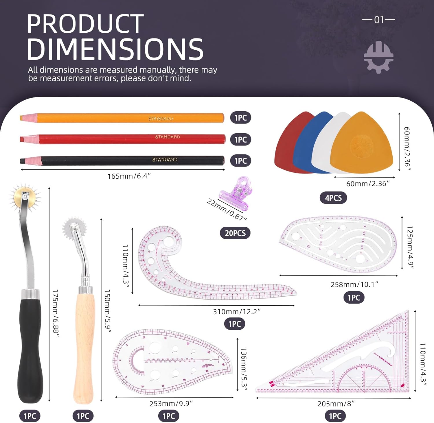 Swpeet Kit de regla de costura métrica transparente de 33 piezas con triangular, curva, regla de coma, clips de plástico de varios colores, tiza