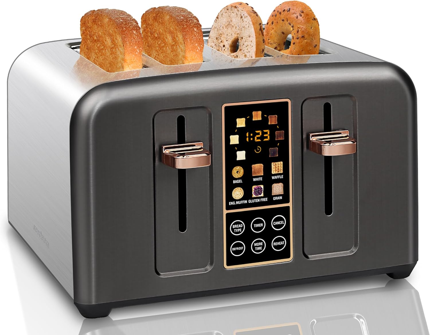 SEEDEEM Tostadora de 4 rebanadas, pantalla LCD de acero inoxidable y botón táctil, 6 selección de pan, 7 ajustes de sombra, tostadora de ranuras de