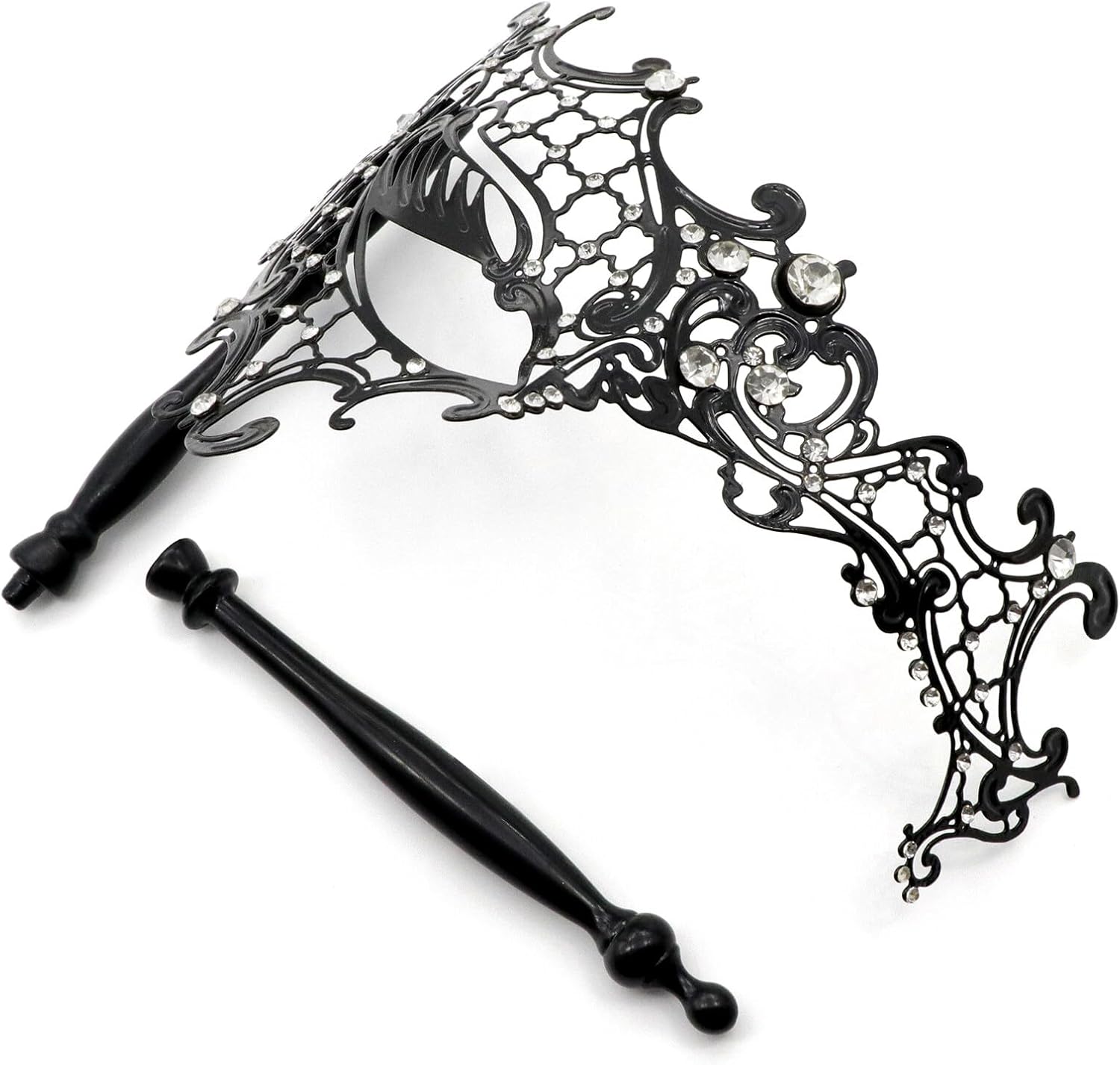 Thmyo Máscara veneciana de fiesta de Mardi Gras de Halloween con palo de sujeción, máscara de mano con plumas de metal y diamantes de imitación