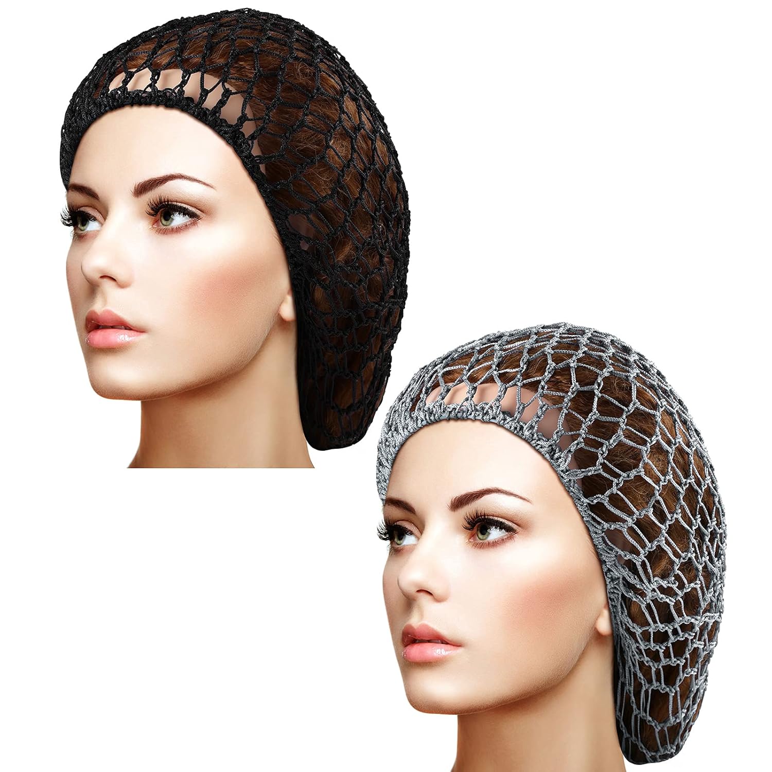 Waydress 2 piezas de malla para el pelo de rayón tejido de punto para mujer gorro de dormir de ganchillo (negro, gris)